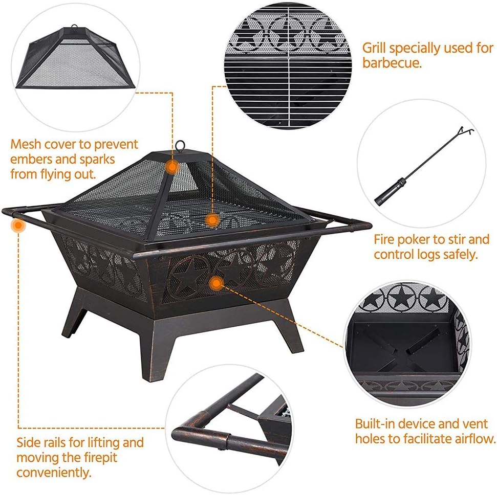 Portable Outdoor Fire Pits,32 Inch Wood Burning BBQ Fire Bowl,with Spark Screen Poker Waterproof Cover Patio Garden Fire Pit