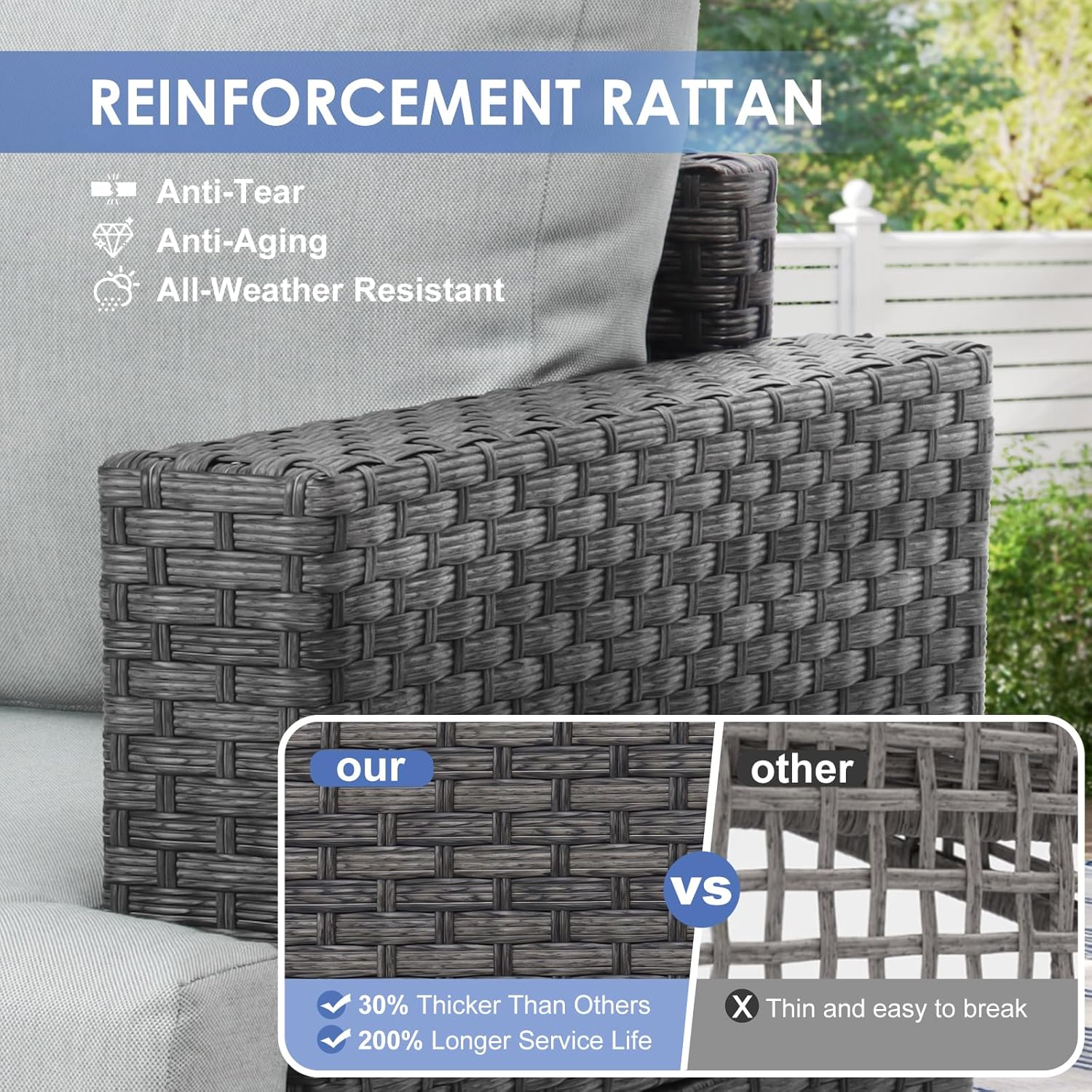 7 PCS Patio Furniture Set 60000BTU 44-Inch Outdoor Propane Fire Pit Table Wicker Outdoor Sectional Coversation Set, Thick Cushion & Deep Seat, Outdoor Furniture Sets for Porch,Backyard,Deck (Grey)