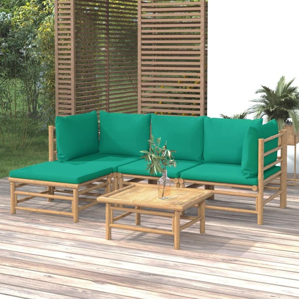 5 Piece Patio Lounge Set with Green Cushions Bamboo,Elegant Bamboo Patio Lounge Set: Enjoy Comfort and Durability in Your Outdoor Space Patio Furniture, Outdoor Furniture Sets