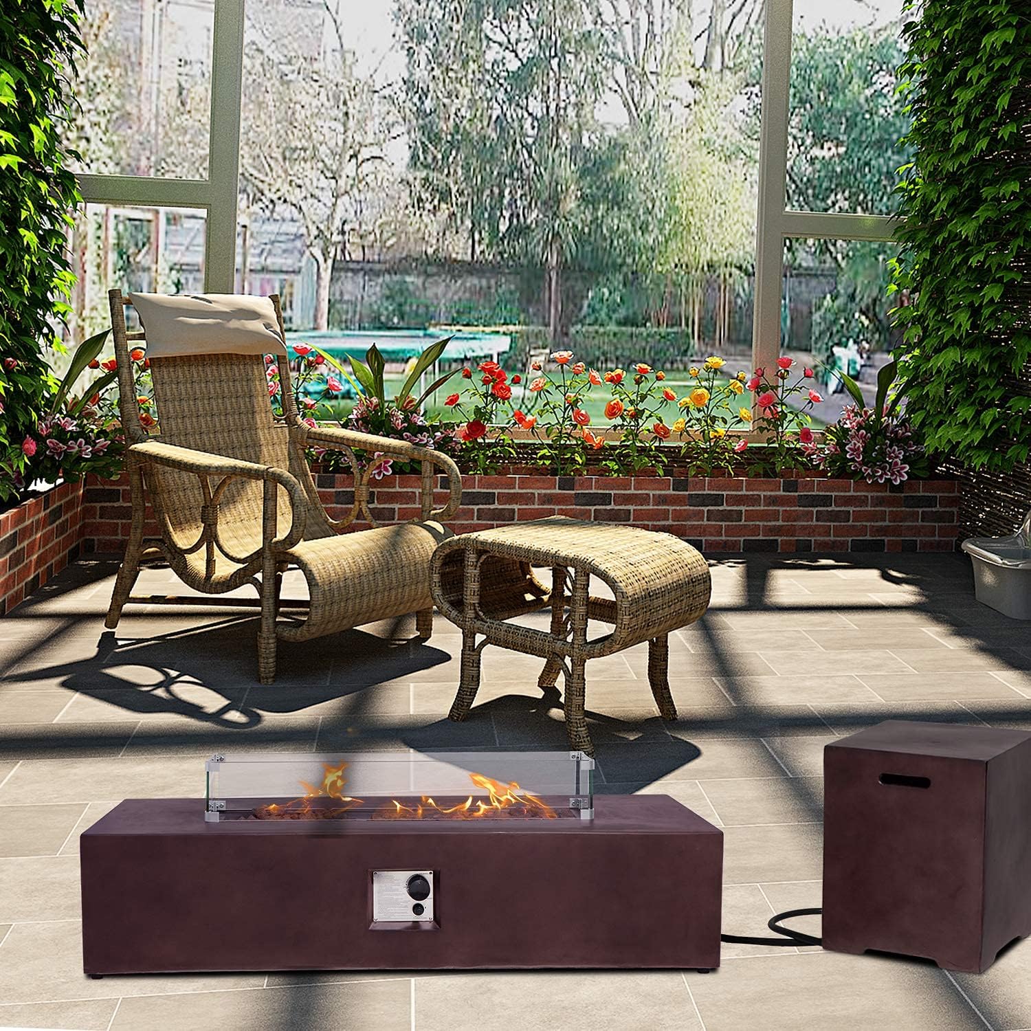 AQUILLA Propane Fire Pit, Smokeless w Tank Cover Table 3 Pieces, Rectangular Brown Color 50000 BTU Burner w Glass Wind Guard, Free Lava Rock for Poolside, Porch, Garden