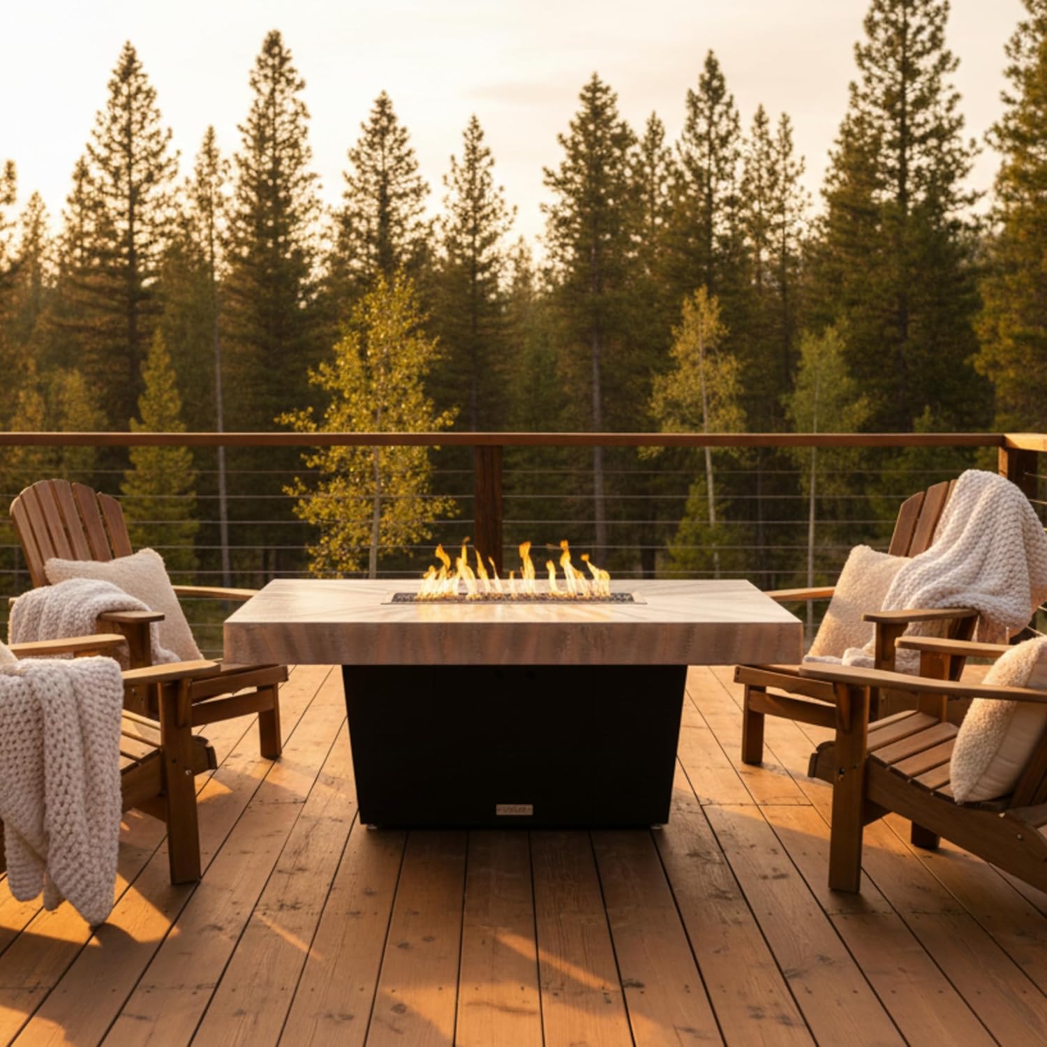 COOKE Palisades Rectangular Fire Pit Table - 52x36 - Chat Height - Propane - Brushed Aluminum Powdercoat Top with 6cm Edge - Black Powdercoat Base