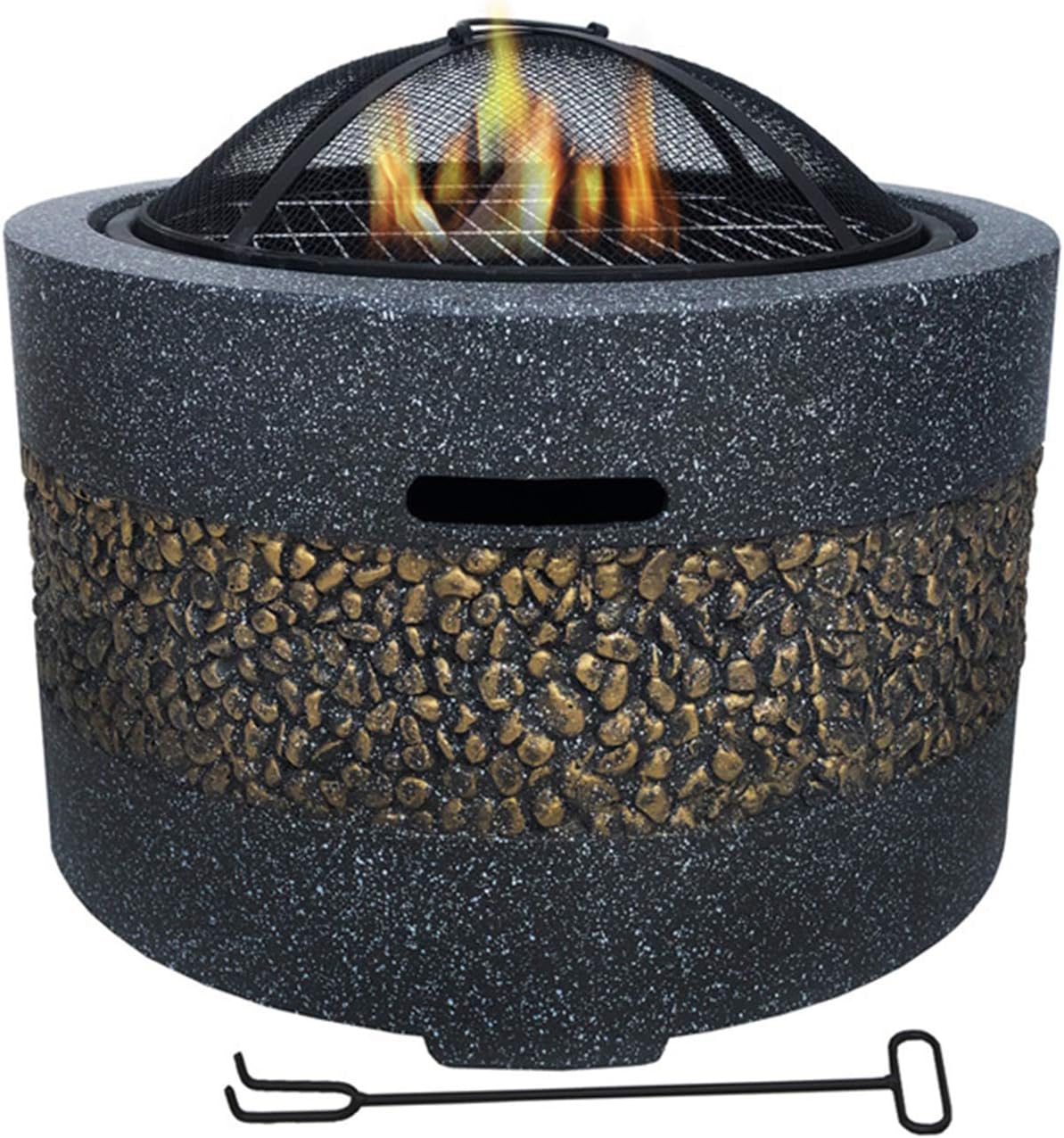 Fire Pit with BBQ Grill Shelf Outdoor 3 in 1 Multifunctional Metal Fire Pit Garden BBQ Firepit with Poker, Grill, Mesh Lid