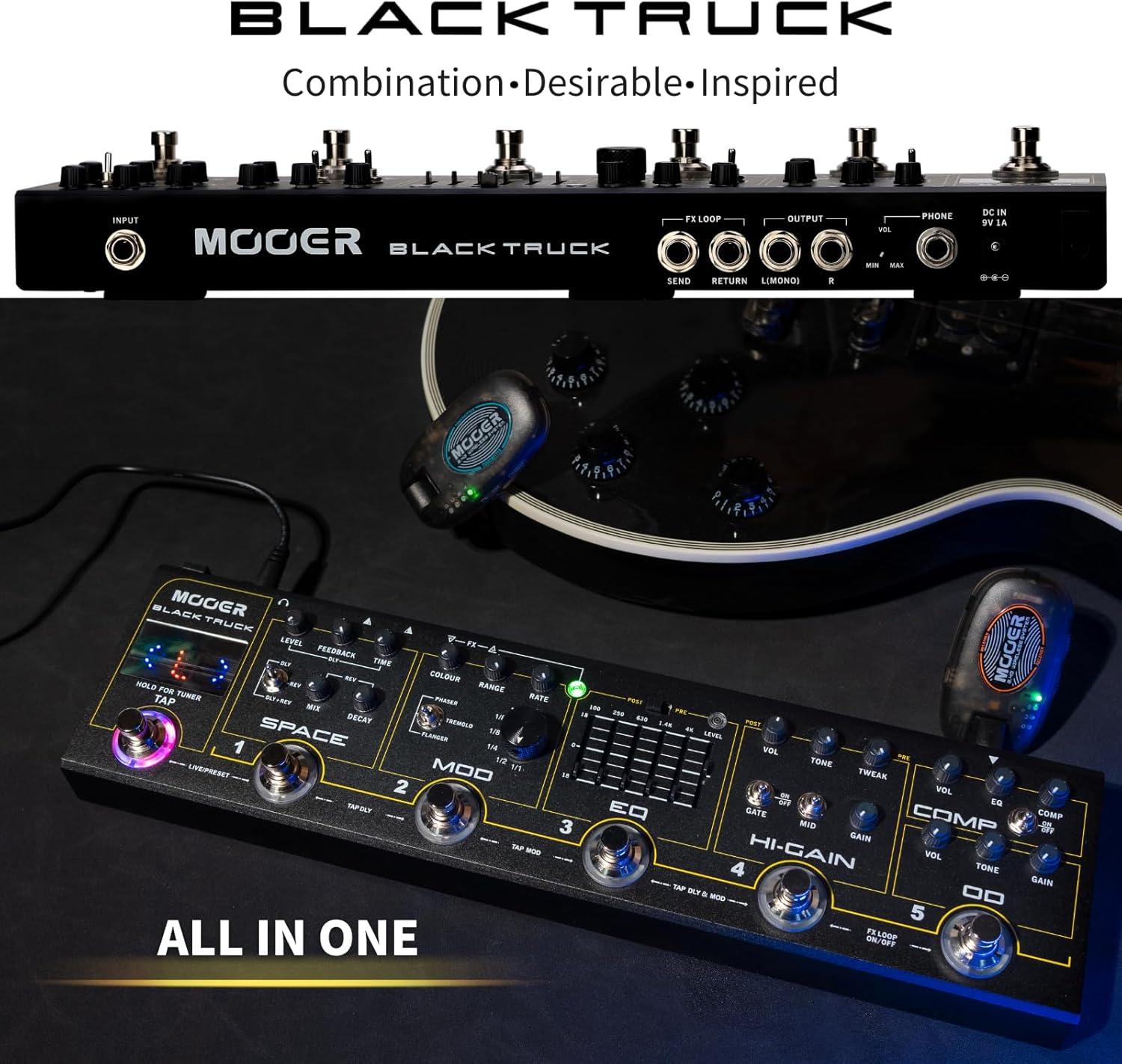 MOOER Black Truck Guitar Combined Effects Pedal for Metal with Compressor, Overdrive, Distortion, EQ, modulation, Delay, Reverb