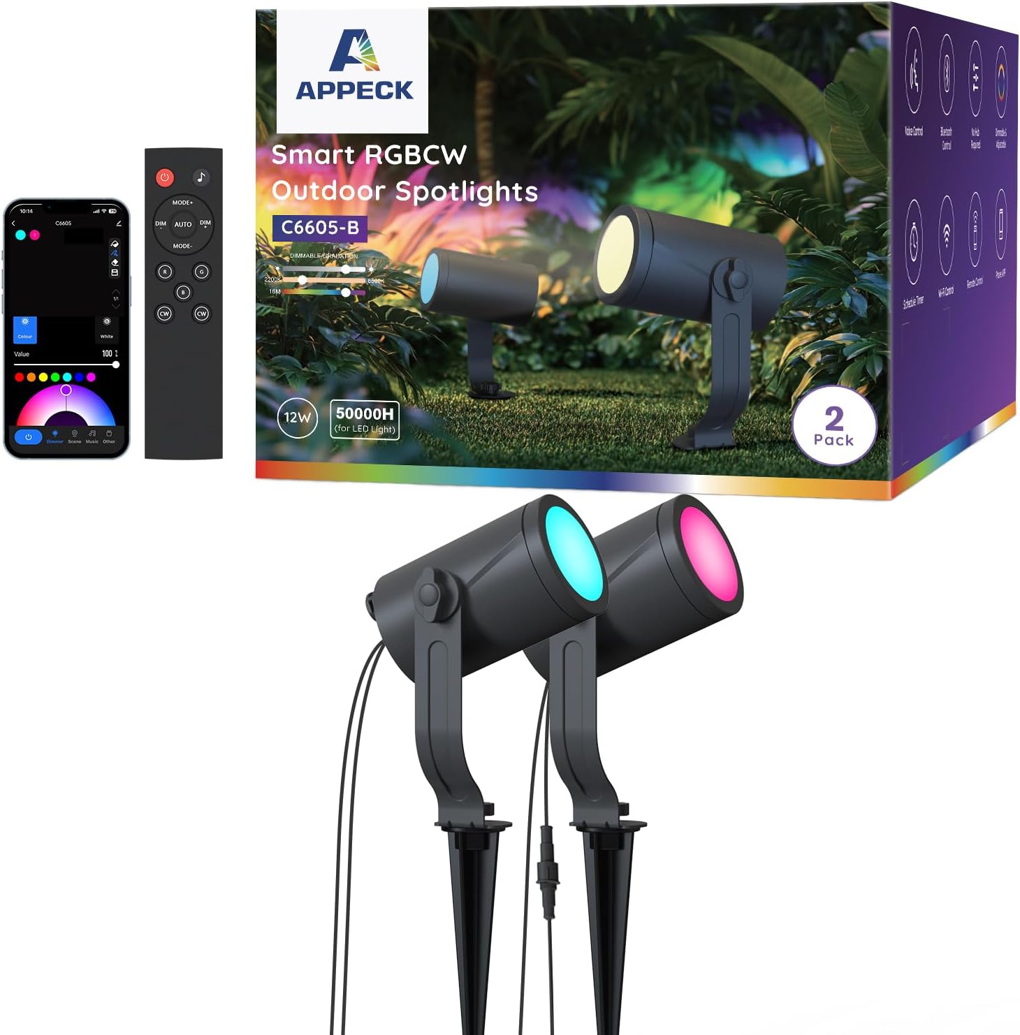 APPECK Smart Outdoor Spot Light 600lm, RGBCW+IC Color Changing Landscape Lights 2 Pack, IP65 Waterproof Low Voltage Landscape Lighting, App/Voice Control for Garden Pathway Yard Christmas Decor