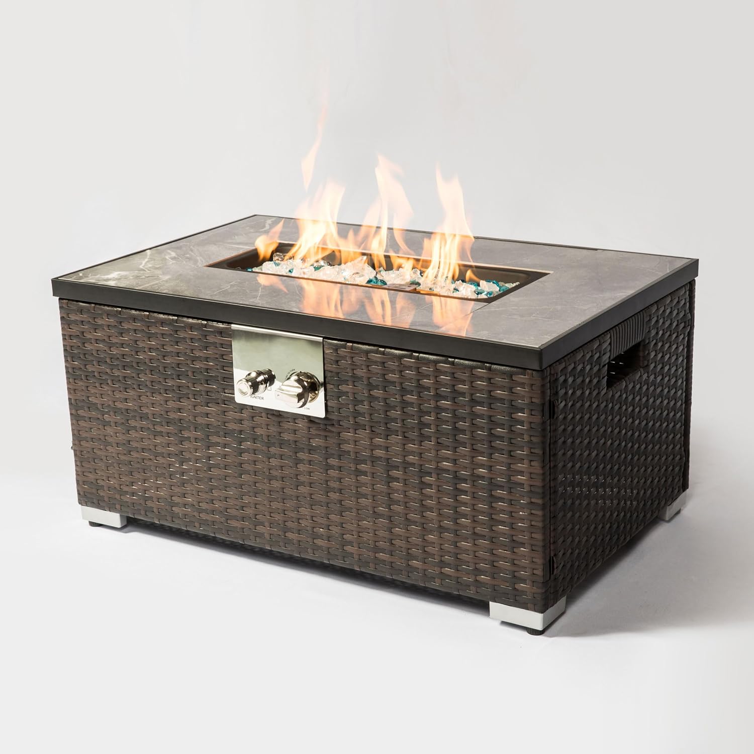 32 inch Outdoor fire Table Propane fire Pit Rattan Gas fire Table, Gas fire Table with Tiled Tabletop Indoor Furniture and appliances for Winter Heating