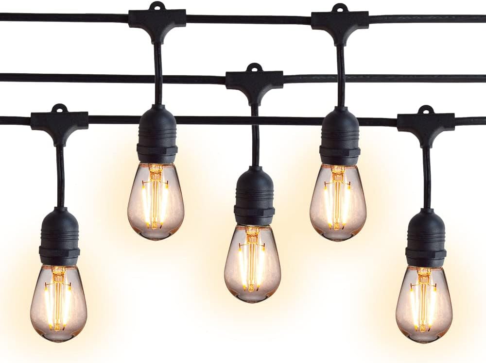 fantado 24 Suspended Socket Outdoor Commercial String Light Set, 54 FT Black Cord w/ 2-Watt Shatterproof LED Bulbs, Weatherproof SJTW - 2-Prong by PaperLanternStore.com