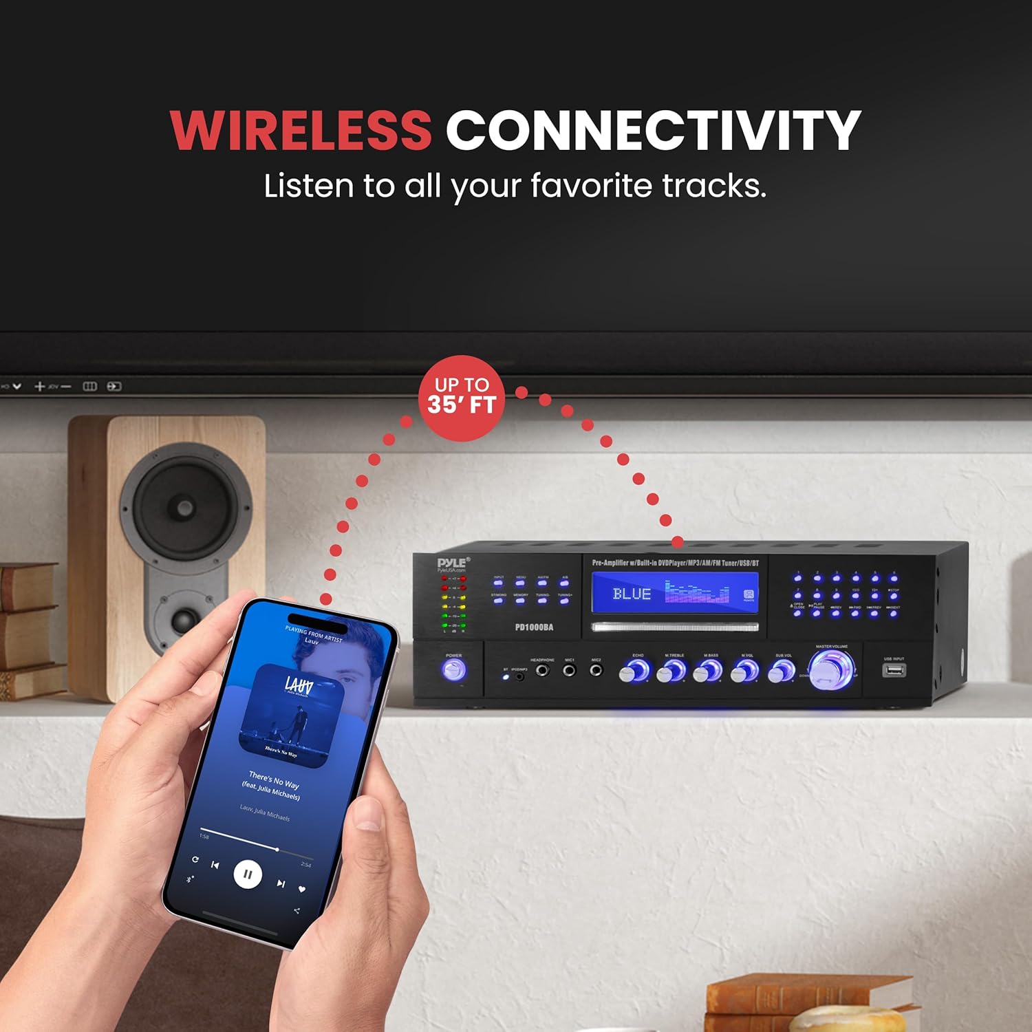 Pyle 4-Channel 1000W Power Amplifier with Bluetooth - Wireless Stereo Home Audio Receiver w/ Front Loading CD DVD Player, FM Radio, USB-A, Headphone, 2 Microphone w/ Echo, LED, Rack Mount - PD1000BA