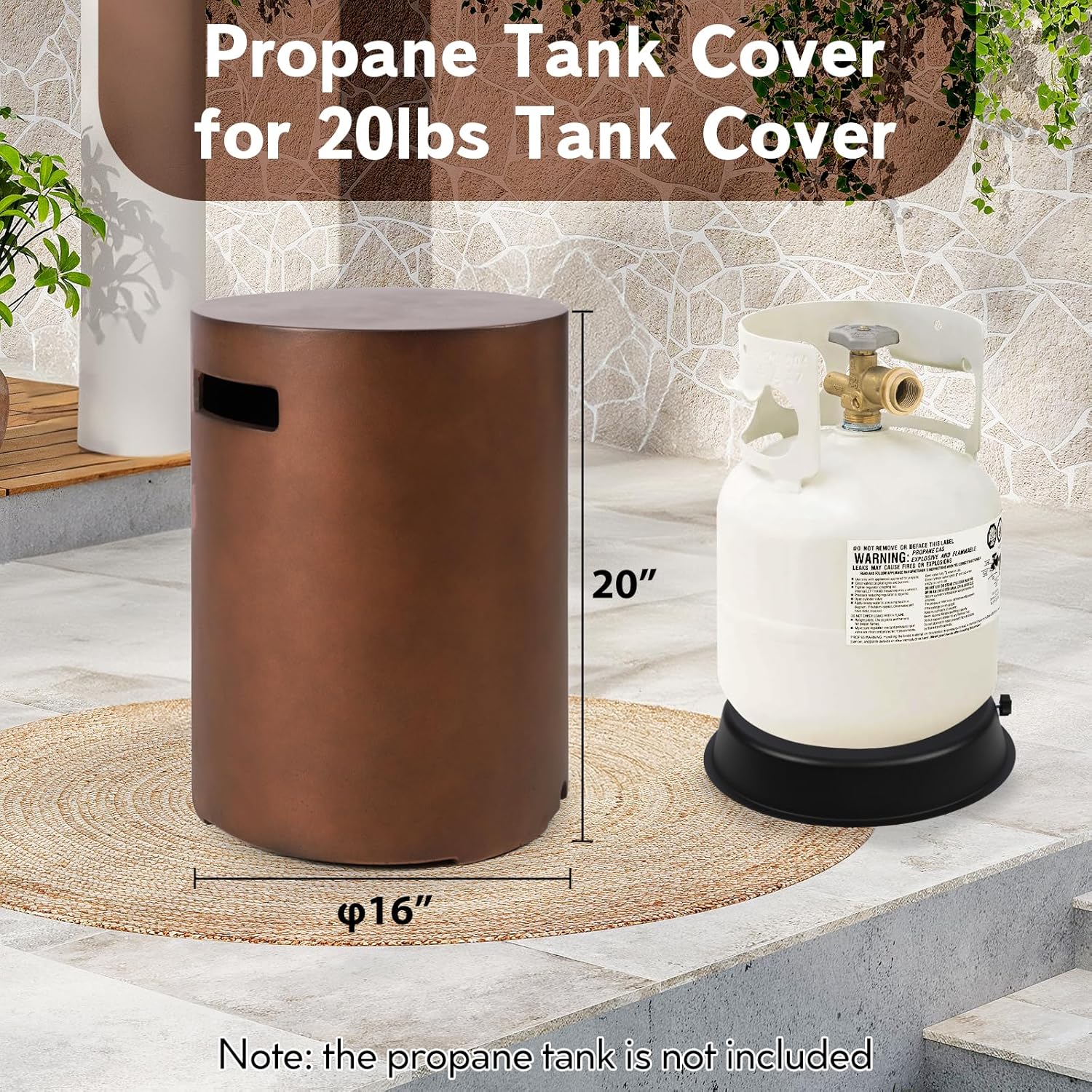 Propane Tank Cover Table, Modern Outdoor Gas Tank Covers, φ16 X 20inch Concrete Tank Storage Box Hideaway Table for Propane Gas Fire Pit and Round Tank Holder with Handles (Brown)