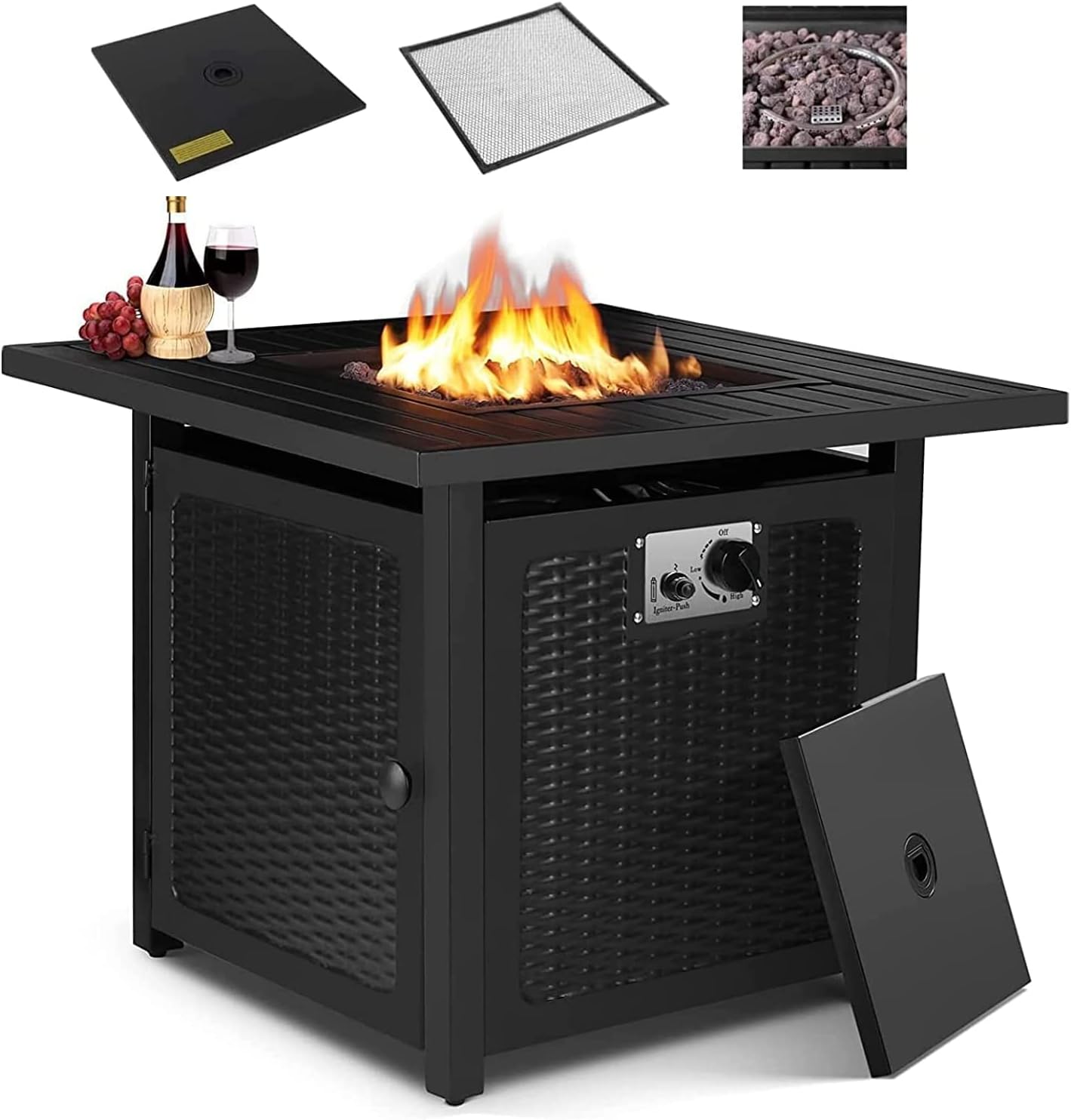 Gas Square Fire Bowl Propane Fire Pit Table - Outdoor Fireplace with Lid, Auto-Ignition, Waterproof Cover, Lava Rock - Perfect for Party, Garden, Patio, Yard