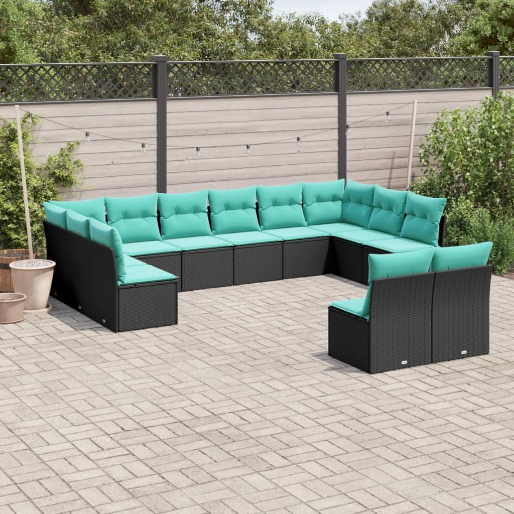 Modular Garden Sofa Set Black Poly Rattan, Blue Cushions, Weatherproof Outdoor Patio Furniture for 12 People, Terrace Balcony Seating
