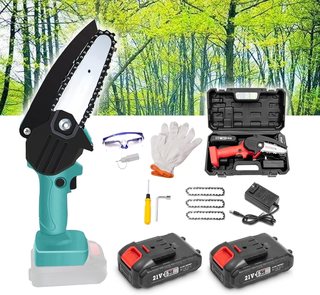 Mini Chainsaw, 4-Inch Cordless Portable Handheld Electric Saw, Wood Cutting Pruning Logging, Small One-Handed for Garden Courtyard Tree, 2PC Battery Powered (Color : Green)