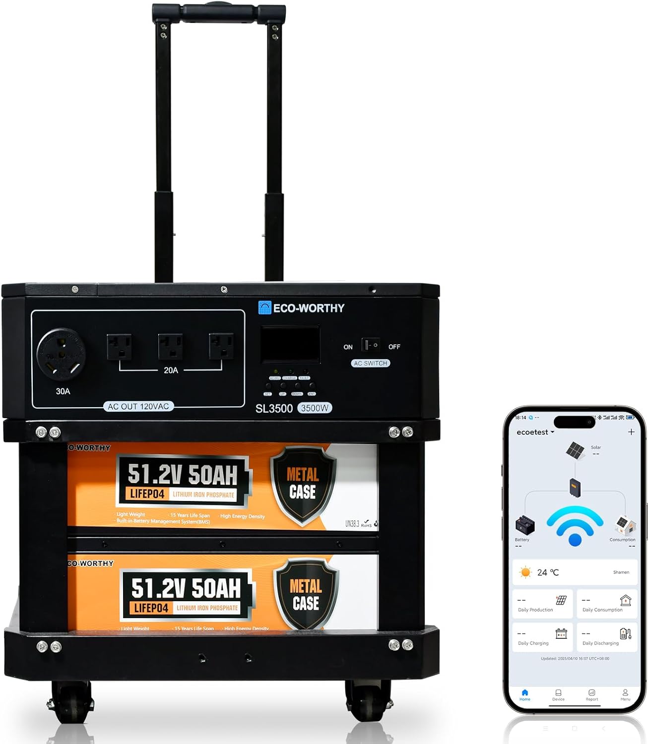 ECO-WORTHY SL3500 Stackable Power Station Solar Inverter AC 3500W Output,5120Wh LiFePO4 Battery with BMS,Movable Portable Stand with Expandable Tiers for Home Backup,Emergency,Solar System Components