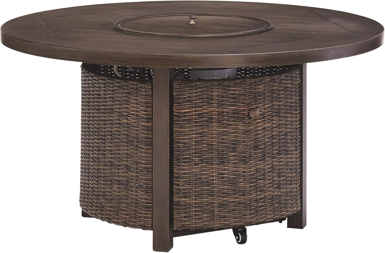 Signature Design by Ashley Paradise Trail Outdoor Round Wicker Patio Fire Pit Table, Brown