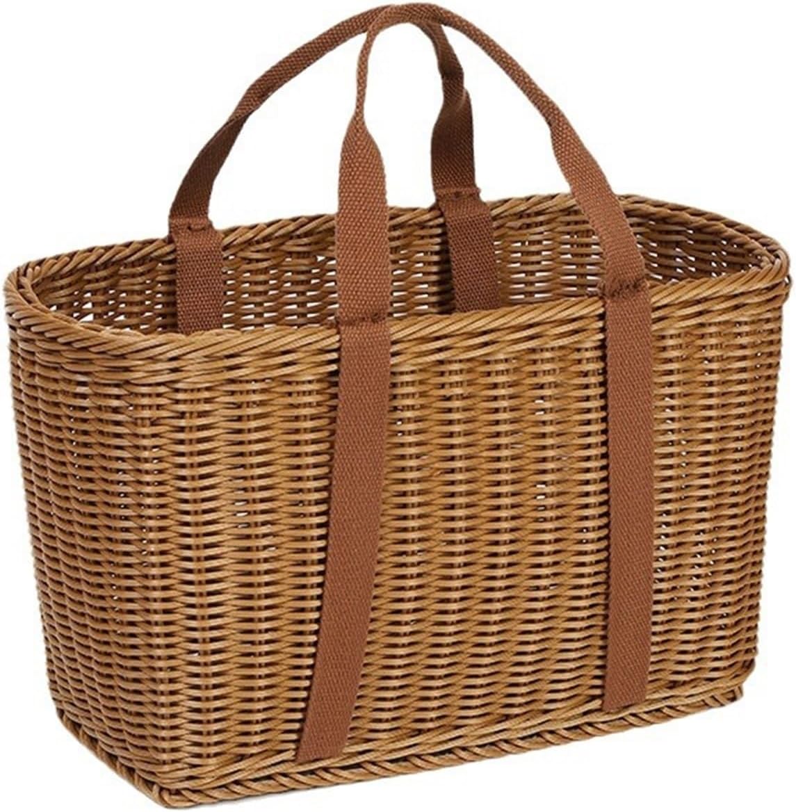 Picnic Basket Imitation Rattan Hand Woven Carrying Basket Outdoor Picnic Basket Household Multifunctional Storage Basket(13 * 7.5 * 9.4in)