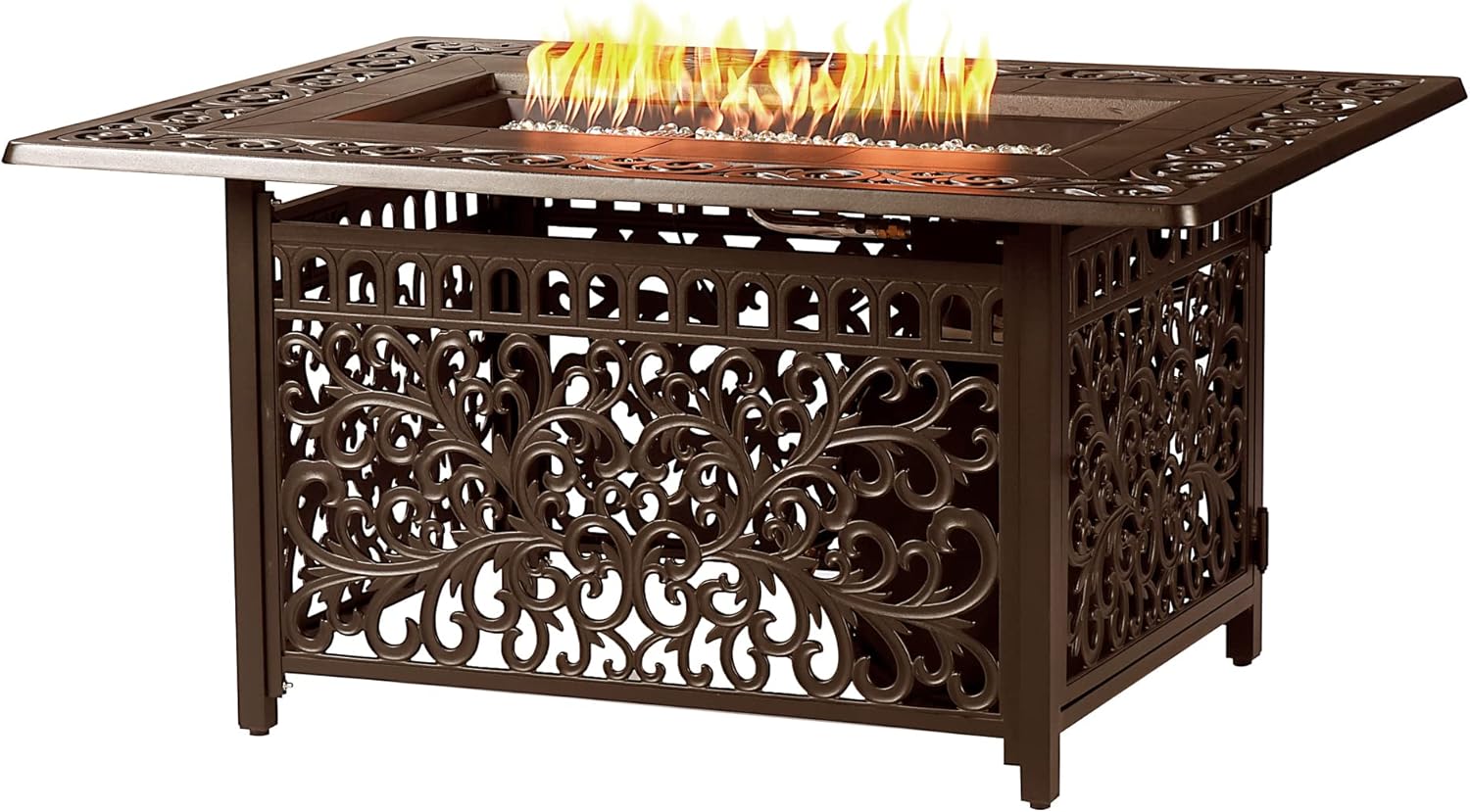 Rectangular 48 in. x 36 in. Aluminum Propane Fire Pit Table, Glass Beads, Two Covers, Lid, 57,000 BTUs in Brown Finish
