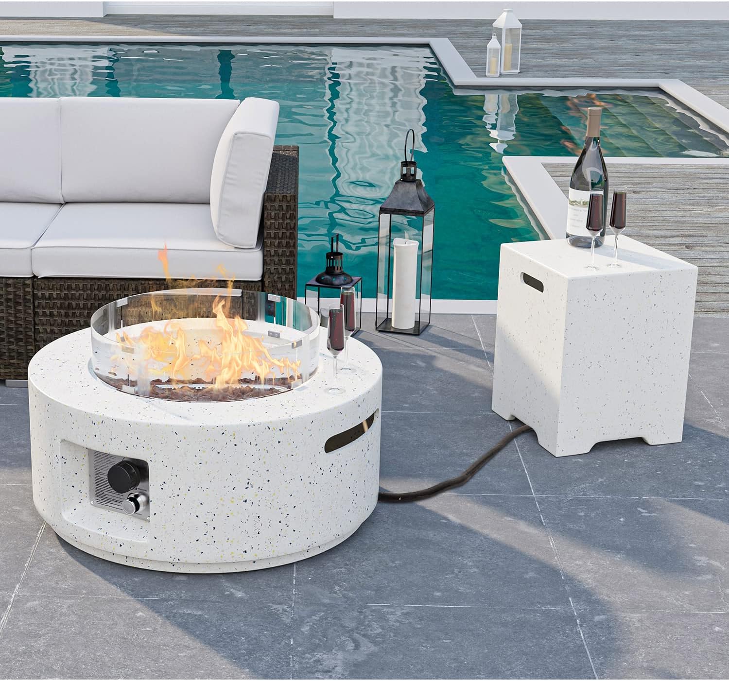 HOMPUS Outdoor Propane Fire Pit 40,000 BTU 42-inch x 17-inch Round Concrete Gas Fire Table Outside Smokeless Firepit with Tank Cover,Wind Gurad,Lava Rocks and Rain Cover for Garden,Deck,Backyard