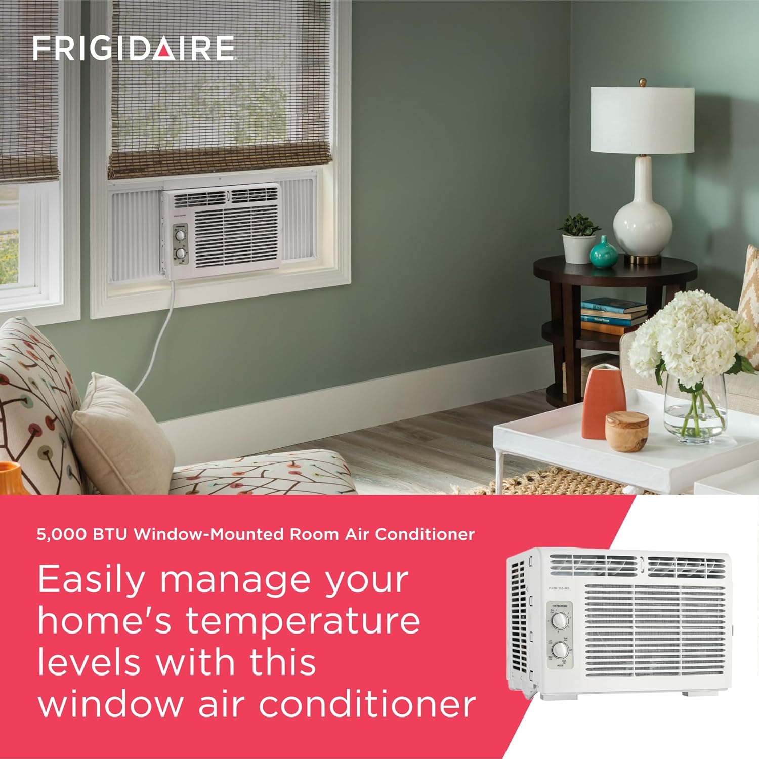 Frigidaire 5,000 BTU Window-Mounted Air Conditioner, Cools Up to 150 Sq. Ft., Quiet Operation, Effortless Temperature Control, 2 Fan Speeds, Auto Restart, White
