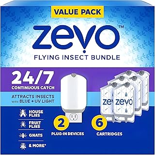 Zevo Flying Insect Trap Plug-in – 2 Devices with 6 Refill Cartridges, Non-Toxic, Mess-Free Indoor Fly & Gnat Control