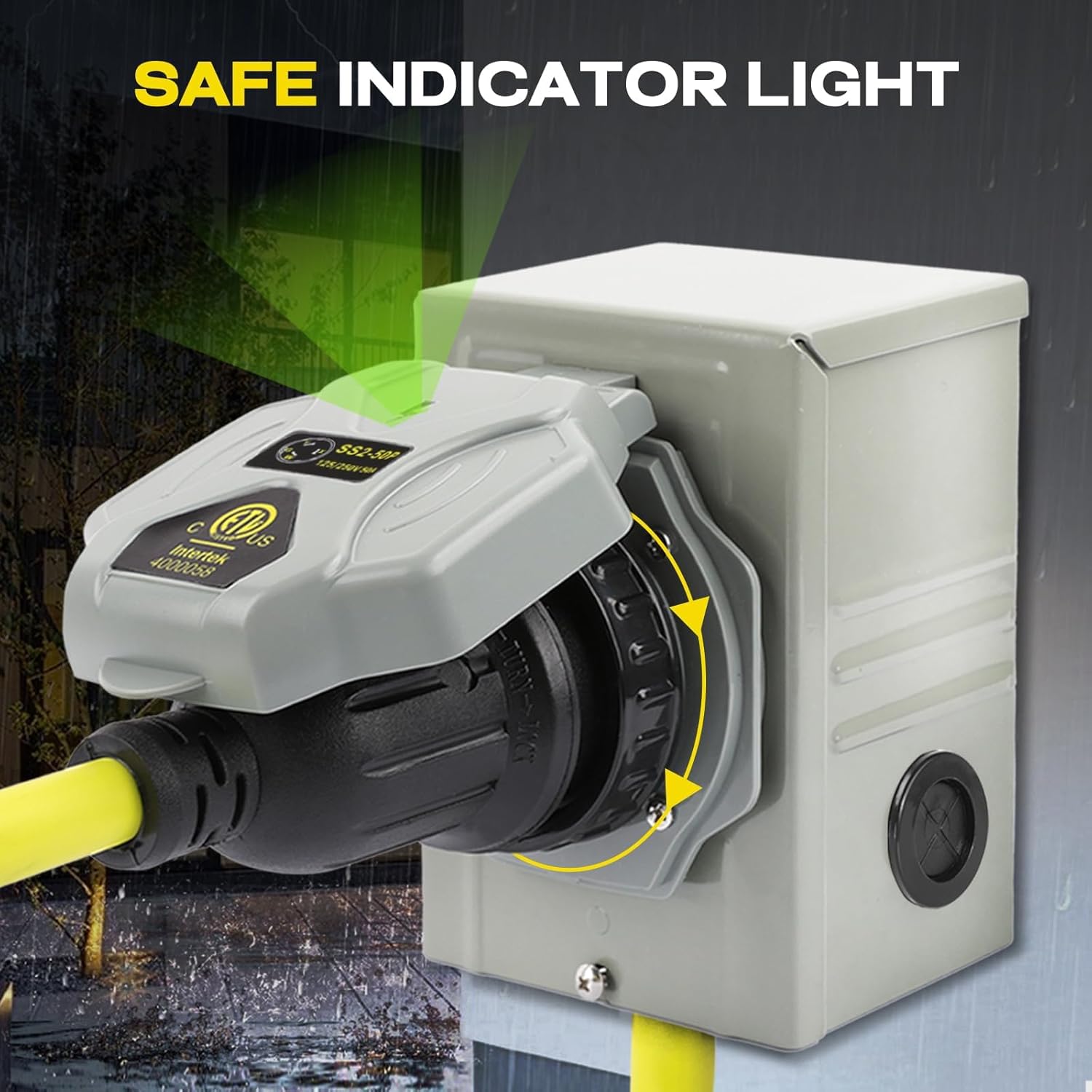 50 Amp Generator Power Inlet Box, NEMA SS2-50P Power Inlet Box for 3 Prong Generator Cord, 125/250 Volt, 12500 Watts, Weatherproof, Outdoor Use, ETL Listed, Light Green