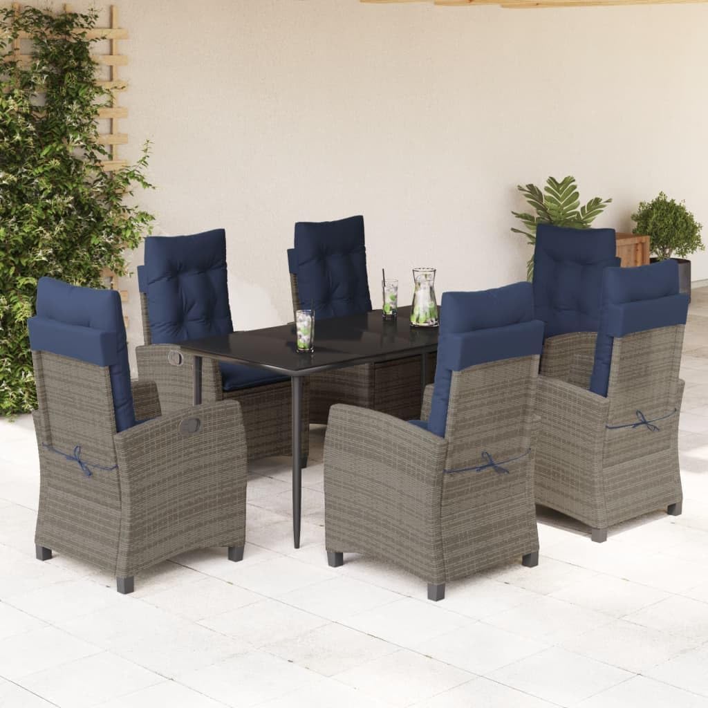 7 Piece Patio Dining Set with Cushions Gray Poly Rattan,Adjustable Backrest Rattan Garden Dining Set for Outdoor Patio Backyard Patio Furniture Sets, Outdoor Furniture Sets