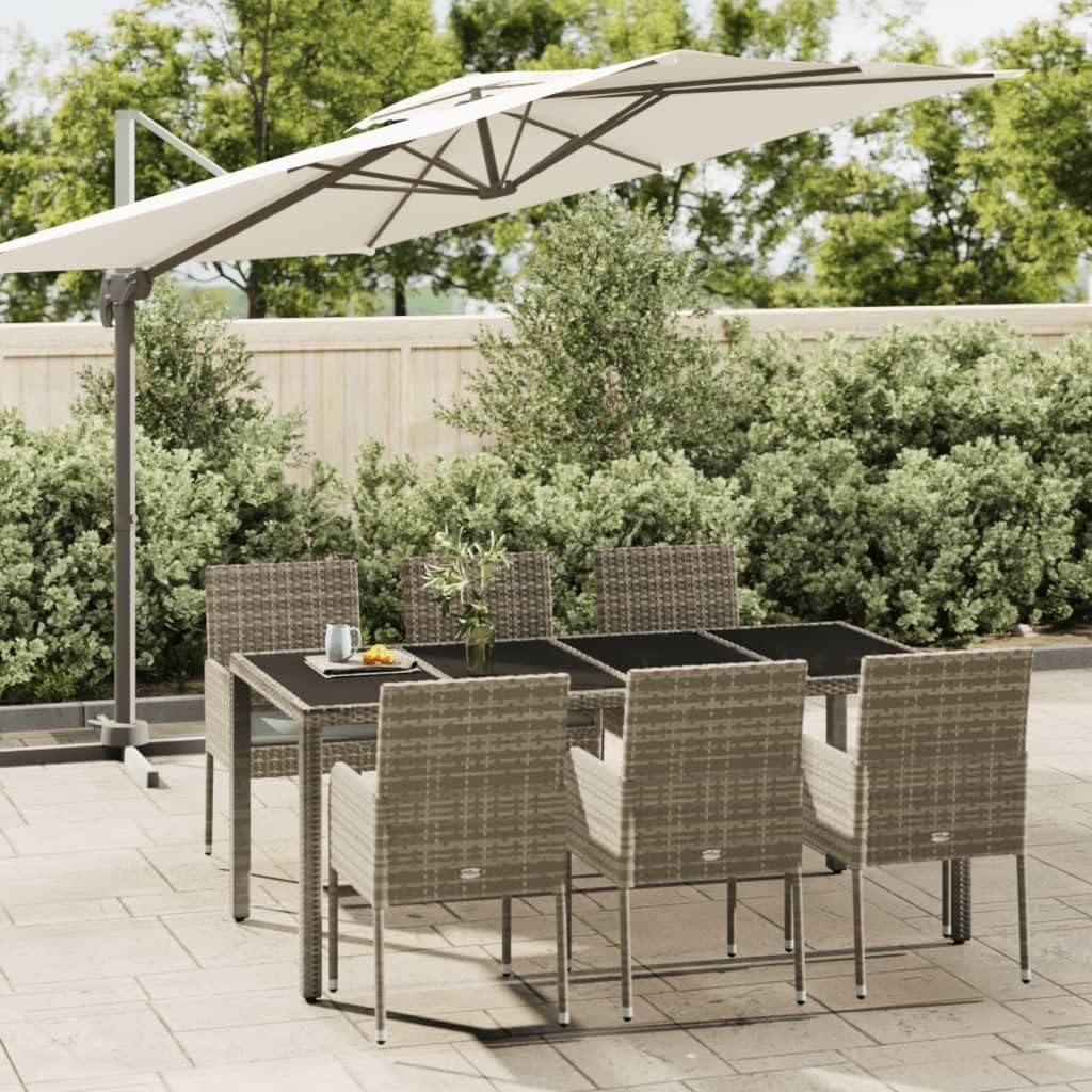 7 Piece Patio Dining Set with Cushions Gray Poly Rattan,Modern PE Rattan Patio Dining Set with Acacia Wood Tabletop for Your Garden Furniture Sets for Patio, Lawn & Garden