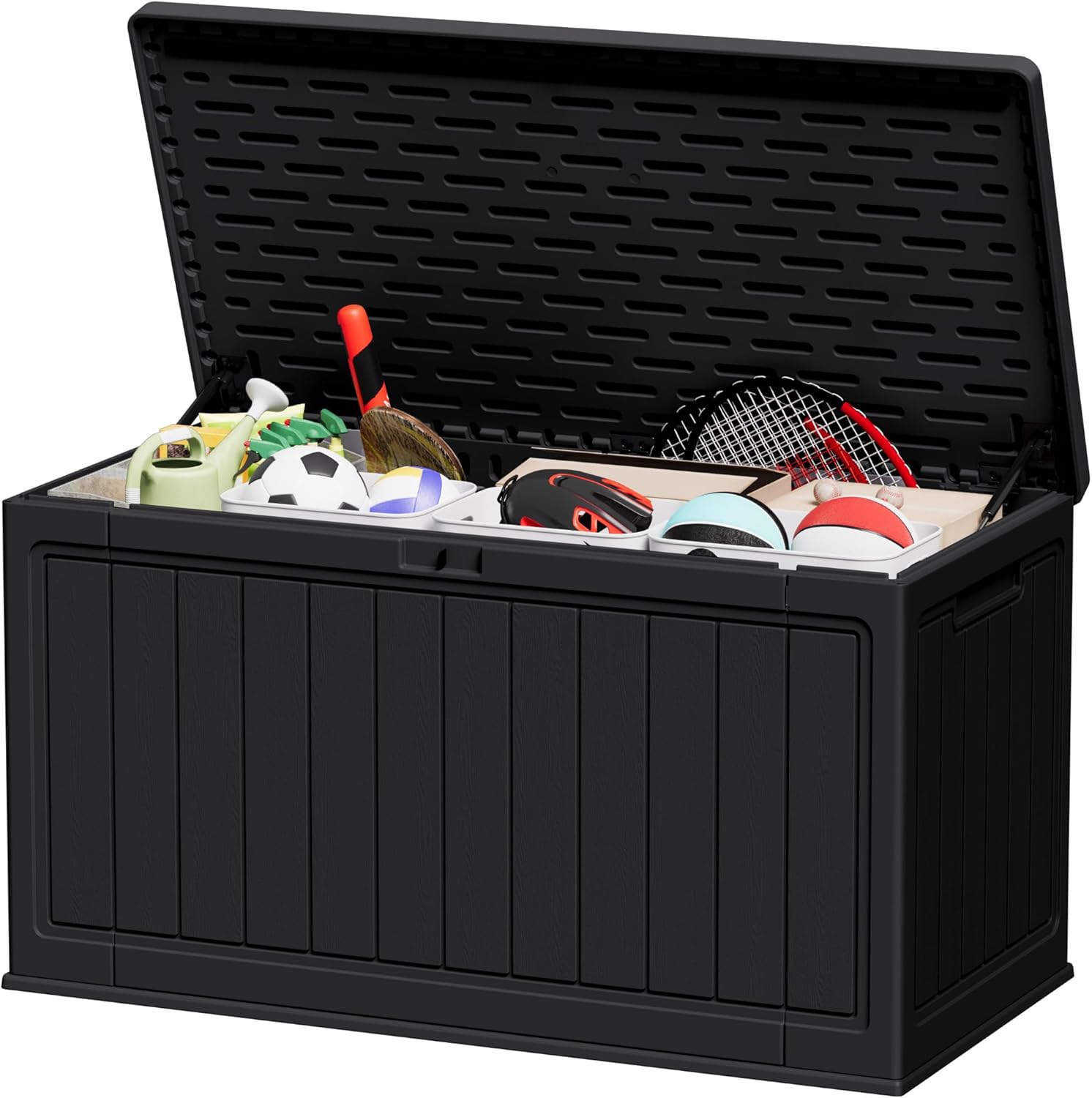 JUMMICO 160 Gallon Resin Outdoor Storage Deck Box with Divider, Waterproof Storage Box&Bench with Lockable Lid for Garden Tools, Pools Supplies (Black)