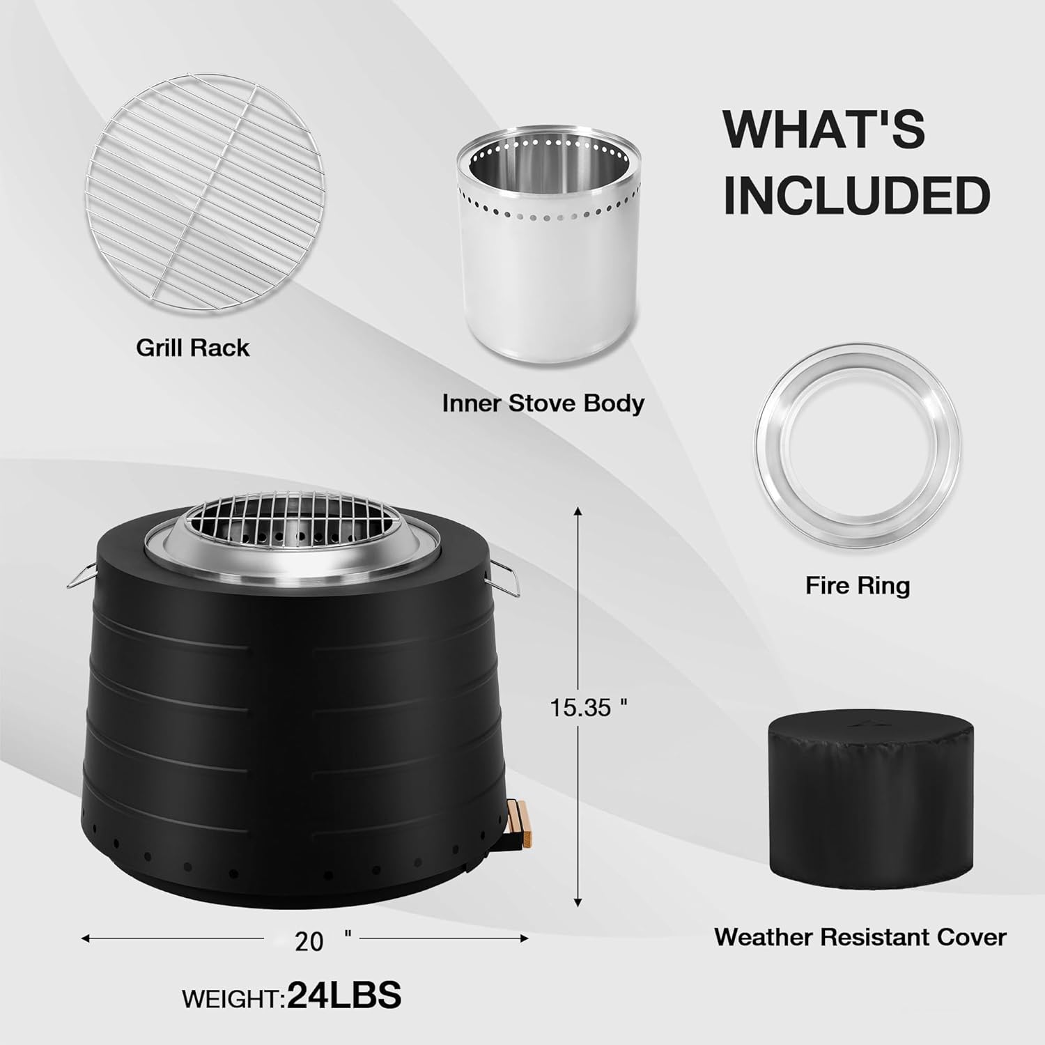 HOMREST 20” Smokeless Firepit with Removable Ash Pan, 304 Stainless Steel Outdoor Fire Pit for Outside Wood Burning, Portable Fire Pit for Patio Camping Backyard