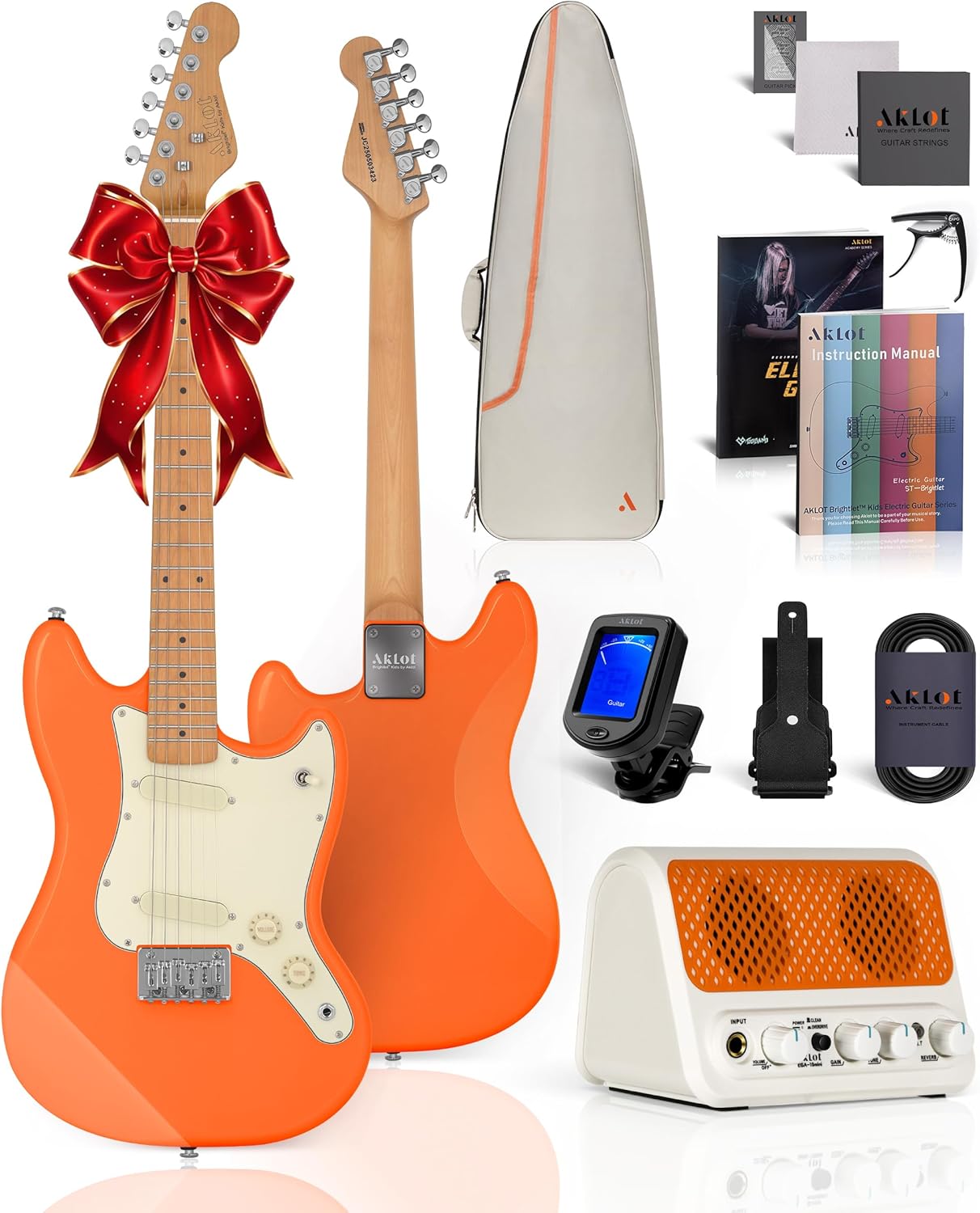 AKLOT 36-inch Kids Electric Guitar: 3/4 Size Mini Electric Guitar Kit with Solid Body, 1.5 In Neck Width for Beginners, 10W Amp, Gig Bag, String, Strap, Cable, Picks,Lesson Book(TangerineZap Orange)