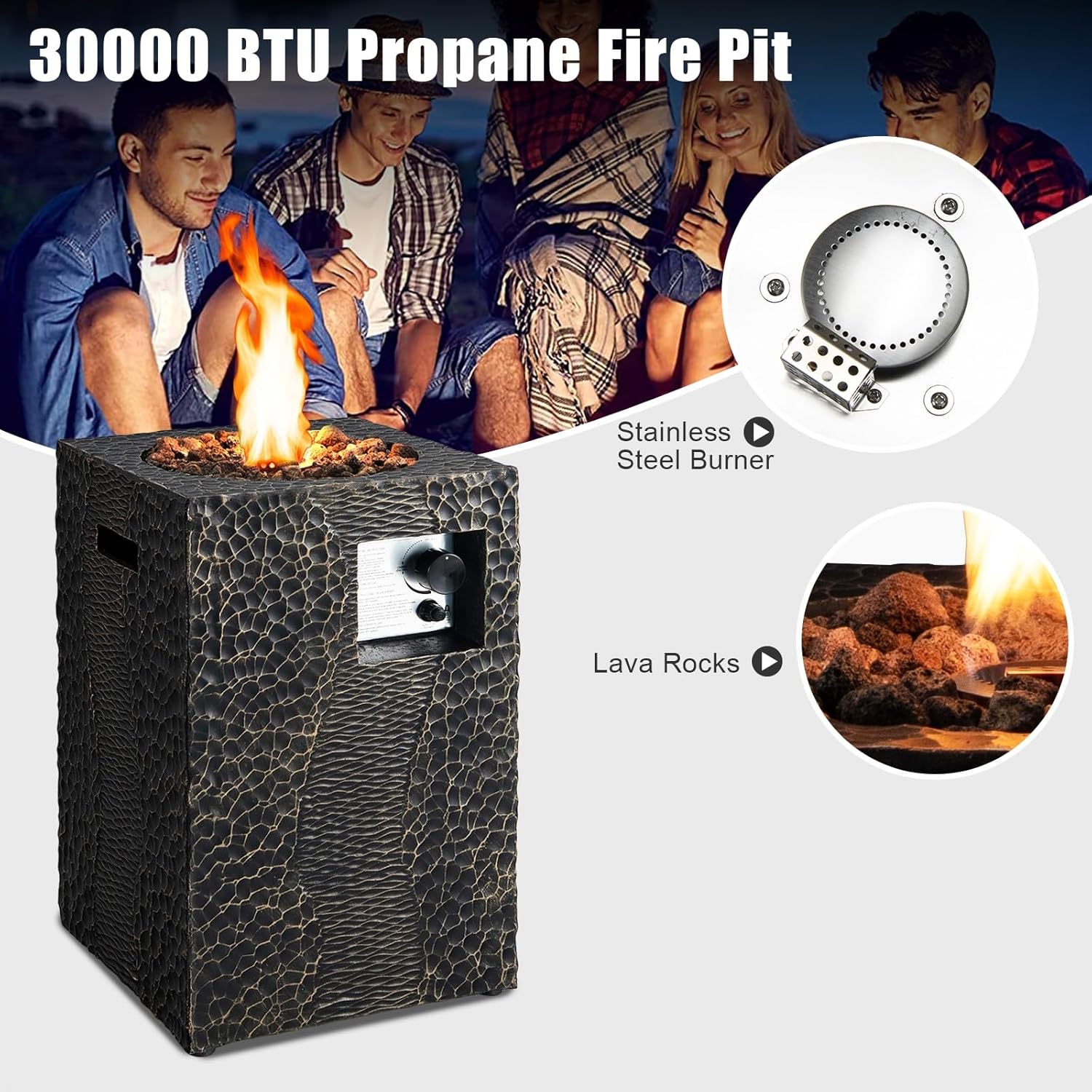 Tangkula 16 Inch Patio Propane Fire Pit, Patiojoy Electronic Ignition Square Gas Fireplaces with Protective Cover, 30,000 BTU Outdoor Fire Pit with Lava Rocks, Touch-up Pen for Backyard, Patio (Black)