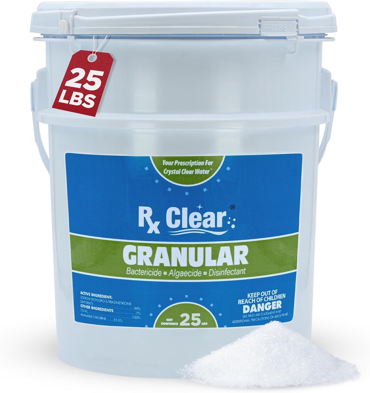 Rx Clear 25 lbs Granular Pool Chlorine | Use As Bactericide, Algaecide, & Disinfectant in Swimming Pools, Hot Tubs, & Spas | Stabilized, Fast Dissolving & UV Protected