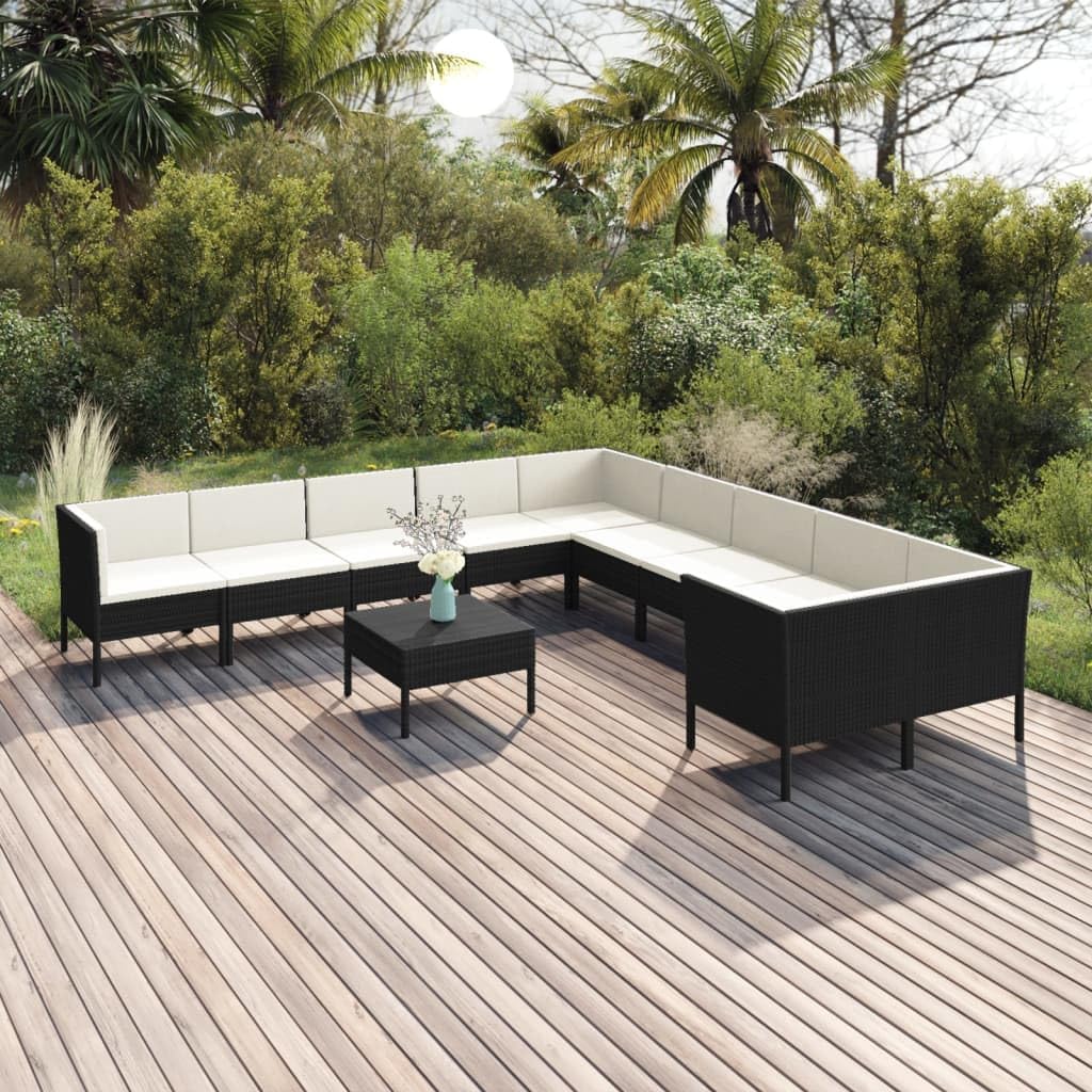 11 Piece Patio Lounge Set with Cushions Poly Rattan Black Garden Furniture