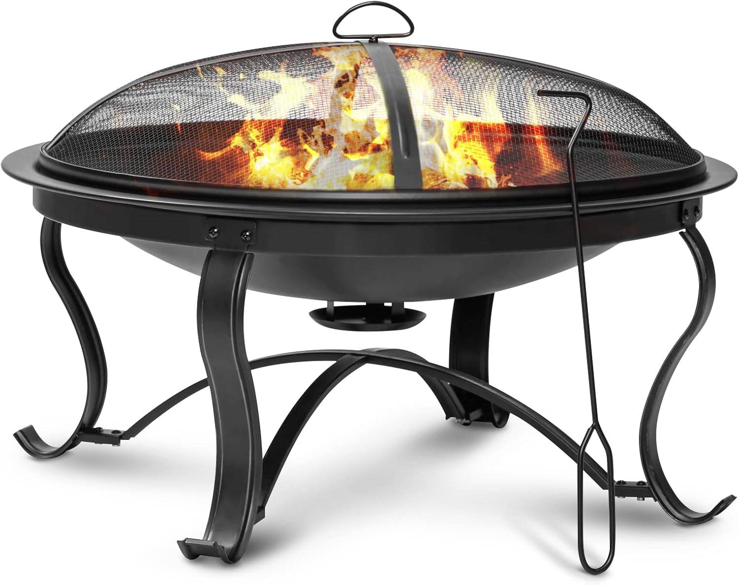 SINGLYFIRE 29 inch Fire Pits for Outside Firepit Outdoor Wood Burning Bonfire Pit Steel Firepit Bowl for Patio Backyard Camping,with Ash Plate,Spark Screen,Log Grate,Poker, bronze