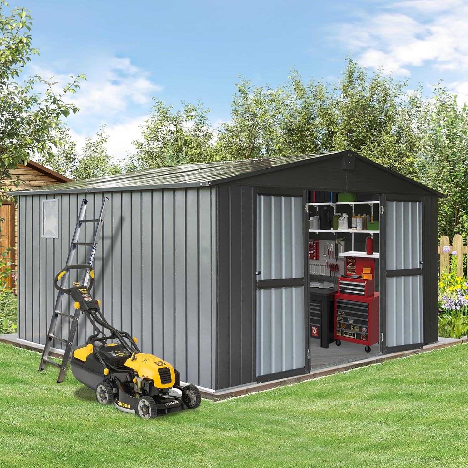 Domi Outdoor Storage Shed 11'x12.5', Metal Sheds Storage House with Lockable Double Door & Air Vents, Large Bike Shed for Garden, Backyard, Lawn, Grey