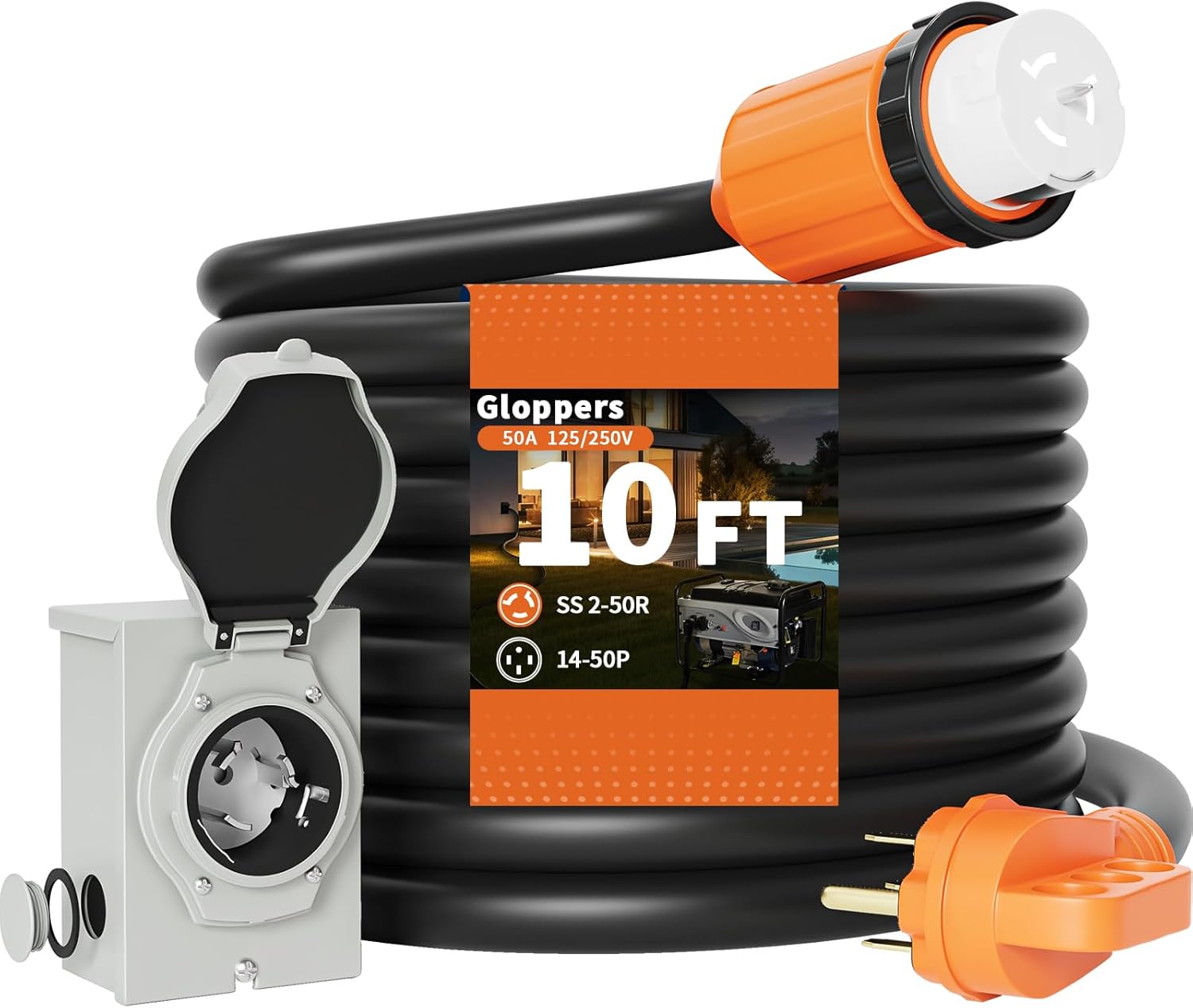 50 Amp Generator Cord and Power Inlet Box 10FT 50 Amp 125V/250V STW 6/3+8/1 AWG Pure Copper Generator Extension Cord,NEMA 14-50P Male to SS2-50R Twist Locking Connector ETL Listed