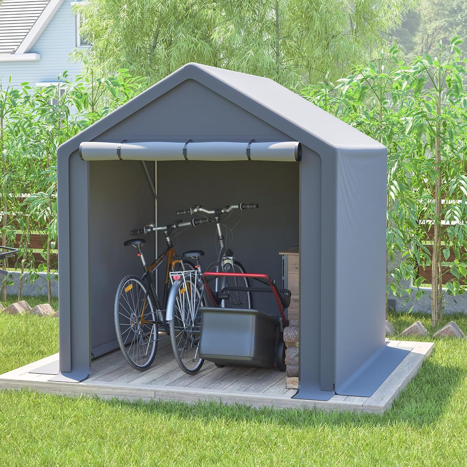 8x8 FT Outdoor Storage Shed Waterproof Metal Garden Tool Bike Sheds Kit Lean to Backyard Storage Building Cabinet House,06 * 06FT Grey