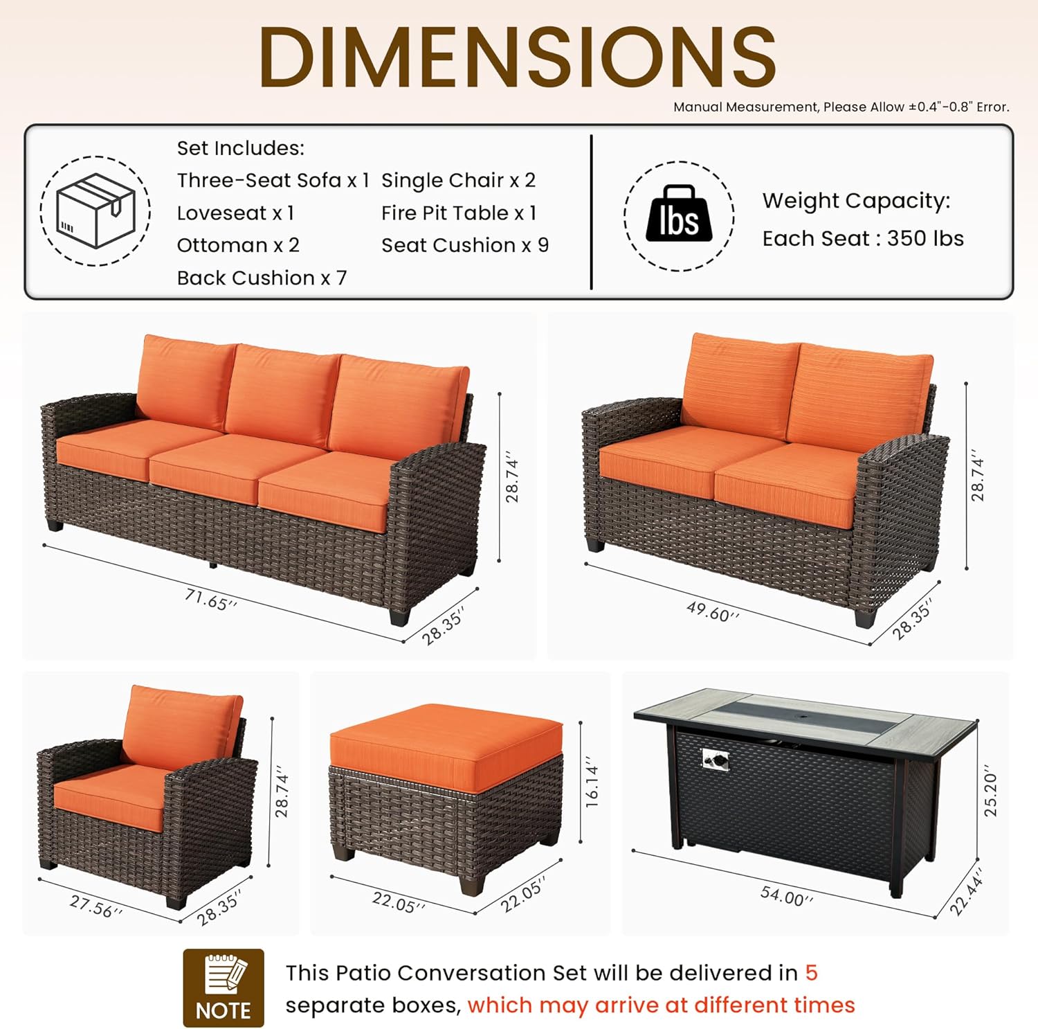 Wicker Patio Furniture Sets w/Fire Pit Table, All Weather Outdoor Furniture Conversation Set, 7-Piece Patio Sectional Sofa for Backyard Garden Lawn, Red