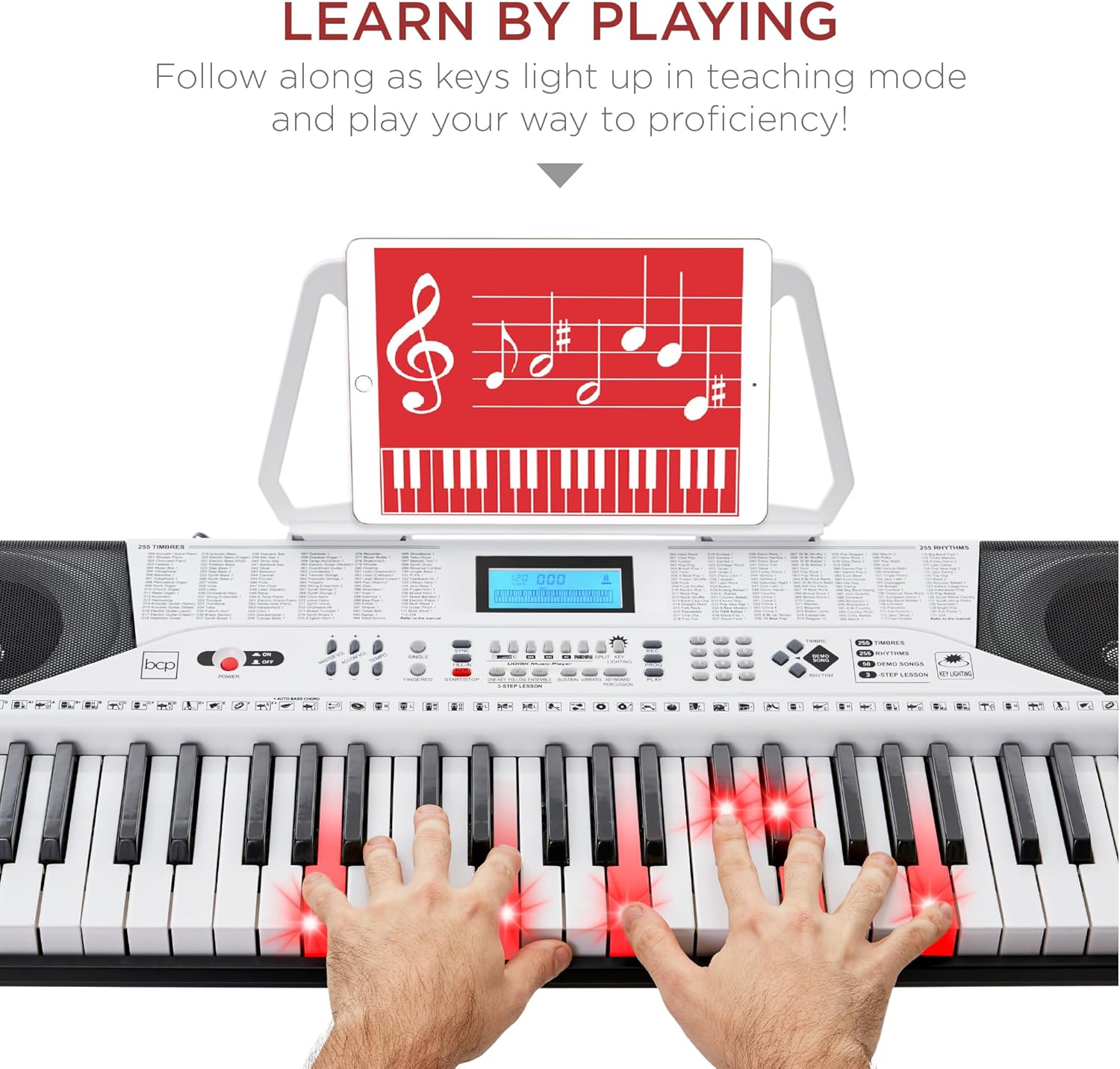 Best Choice Products 61-Key Beginners Complete Electronic Keyboard Piano Set w/Lighted Keys, LCD Screen, Headphones, Stand, Bench, Teaching Modes, Note Stickers, Built-In Speakers - White