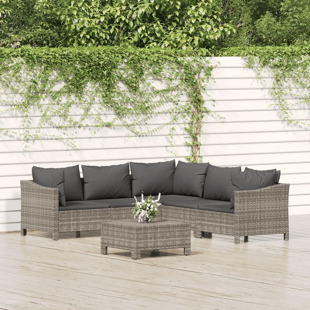 Furniture Sets 6 Piece Patio Lounge Set with Cushions Gray Poly Rattan,Deluxe Outdoor Lounge Set in Gray: Modular Rattan Furniture for Patios and Gardens Garden Conversation Sets