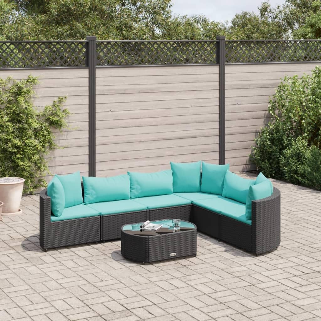 7 Piece Patio Sofa Set with Cushions Black Poly Rattan,Outdoor Furniture Set with Modular Rattan Sofa and Tempered Glass Table for Patio and Garden Patio Furniture Sets, Outdoor Furniture Sets