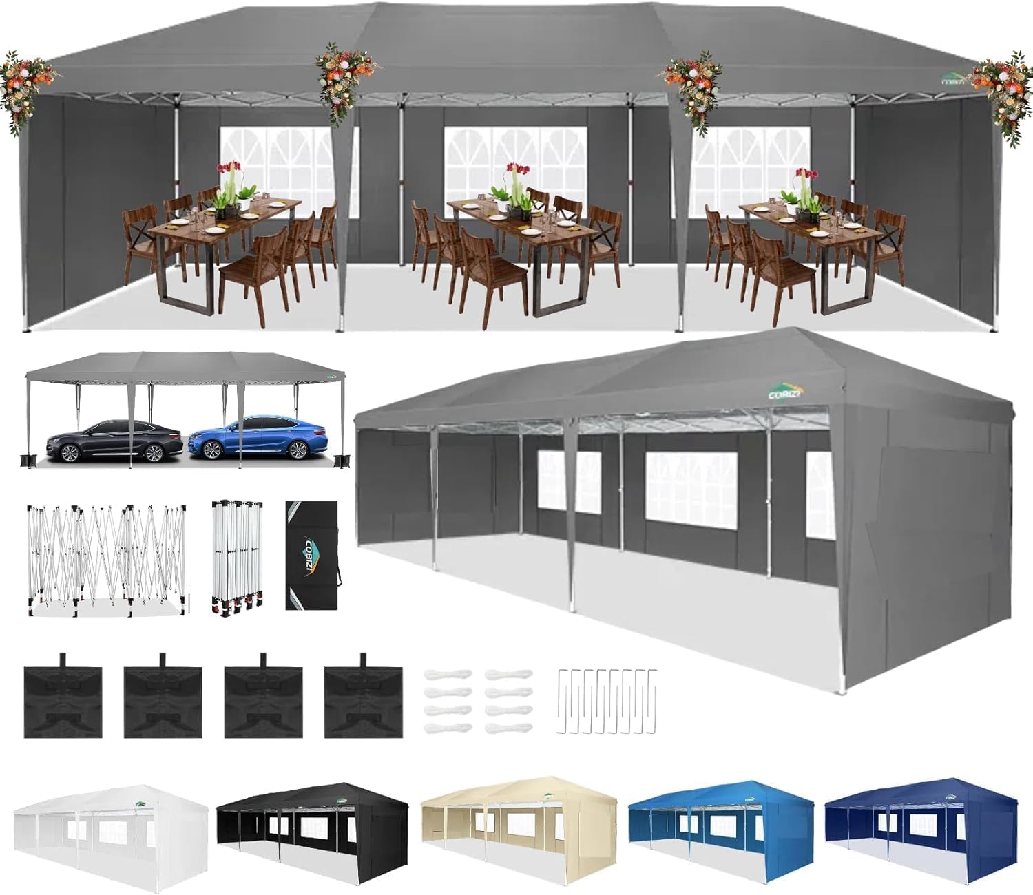 COBIZI 10x30 Pop up Canopy with 5 Sidewalls 10x30 Party Tent for Parties Waterproof UPF 50+ Outdoor Commercial Event Tent for Party Backyard Gazebo Canopy with Sandbags(Gray, 10x30ft