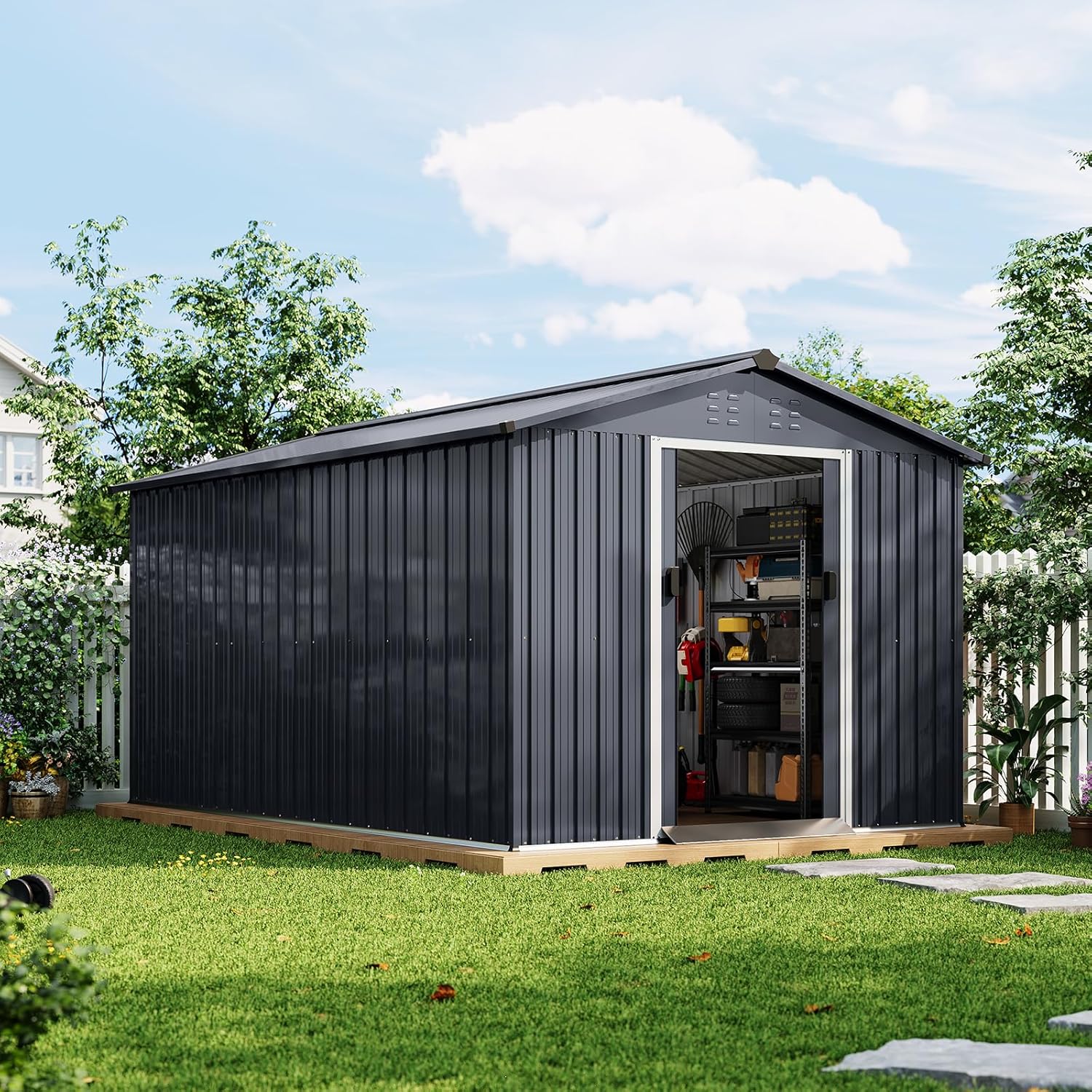 Garvee 8x12 Ft Metal Outdoor Storage Shed, Galvanized Steel Tool Sheds & Outdoor Storage with Lockable Doors & Gable Vents, Ideal for Backyard, Garden, Patio, or Lawn, Dark Grey