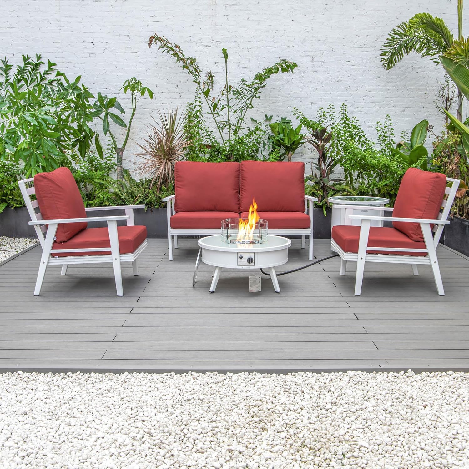 LeisureMod Walbrooke Modern Aluminum 5-Piece Patio Conversation Set with Outdoor Round Firepit Side Table Tank Holder, Red