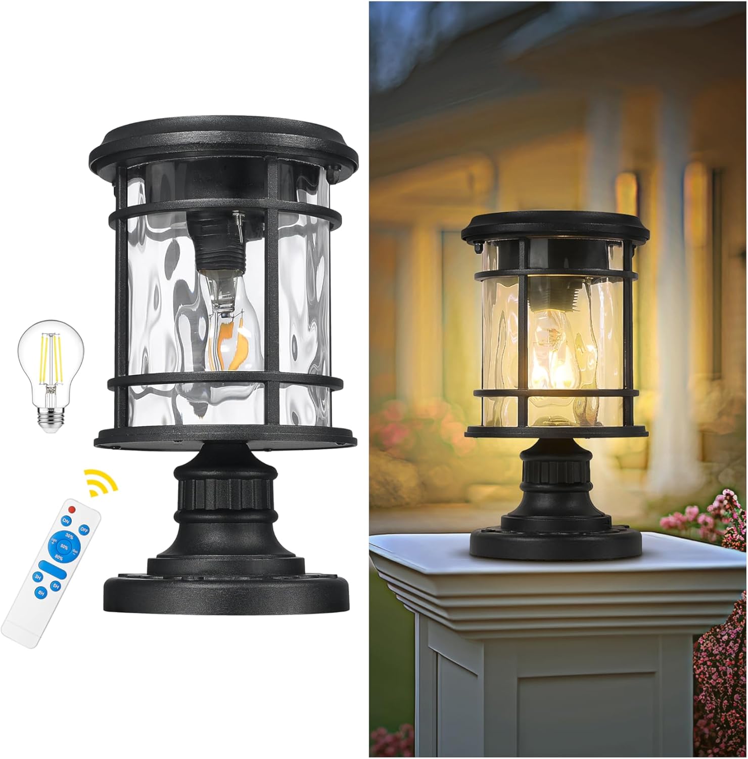 Emliviar Portable Solar Post Light Fixture with Fixed Pire Mount Base, Black 11“ Outside Solar Table Lamp with Remote Control, LED Post Lantern Head with Water Ripple Glass, XE229P-S-ML SL BK