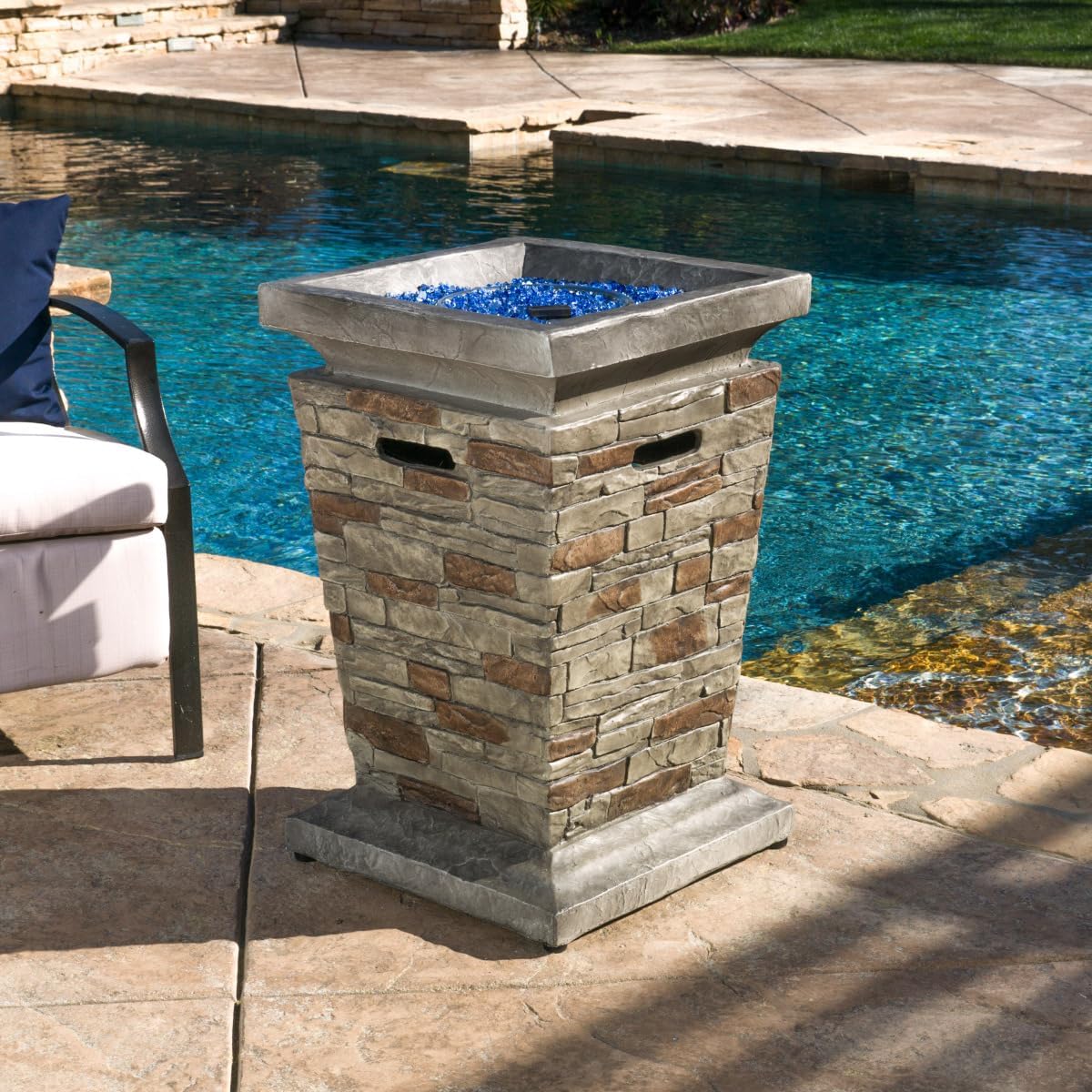 19.5-inch Natural Stone Finish Fire Column, 40,000 BTU Outdoor MGO Propane Fire Pit with Built-in Tank Space & Lava Rocks for Patio and Backyard