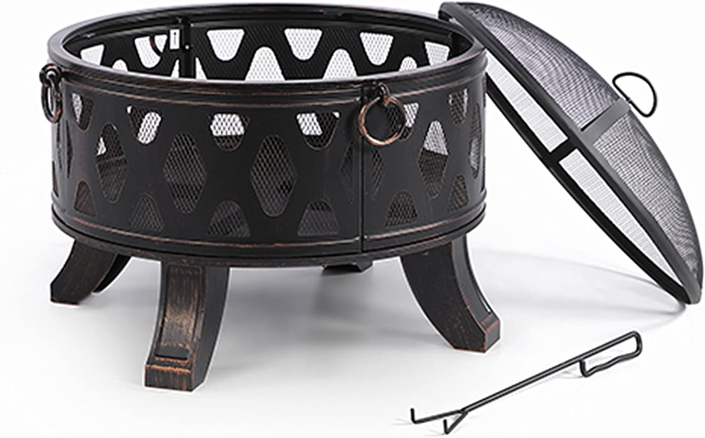 Fire Pit Set for Outside, 26 in Wood Burning Outdoor Fire Pit, Large Steel Firepit Bow for Patio Garden BBQ Camping Picnic, with Spark Screen, Fire Poker, Cover (Light Black)