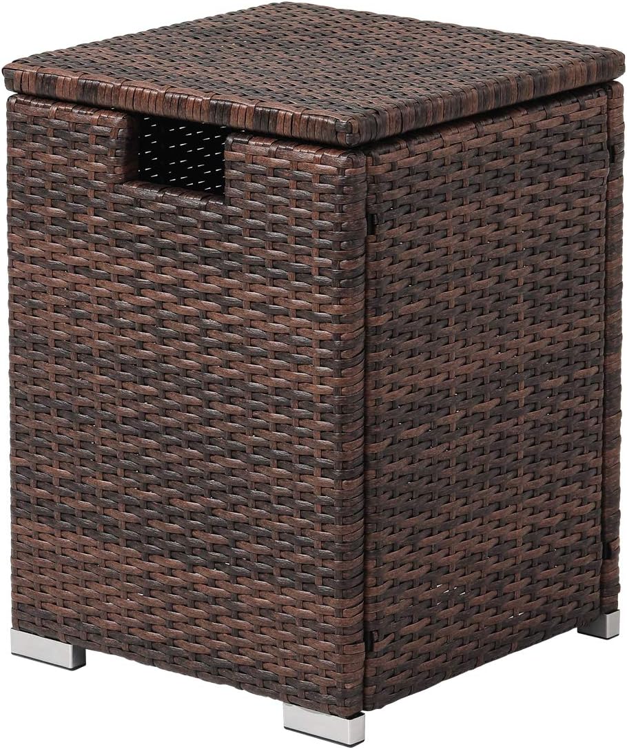 Outdoor Open Type Tank Table for Gas Fire Pits Brown Wicker Rattan 20 Gallon Hideaway Side Table for Fire Pits