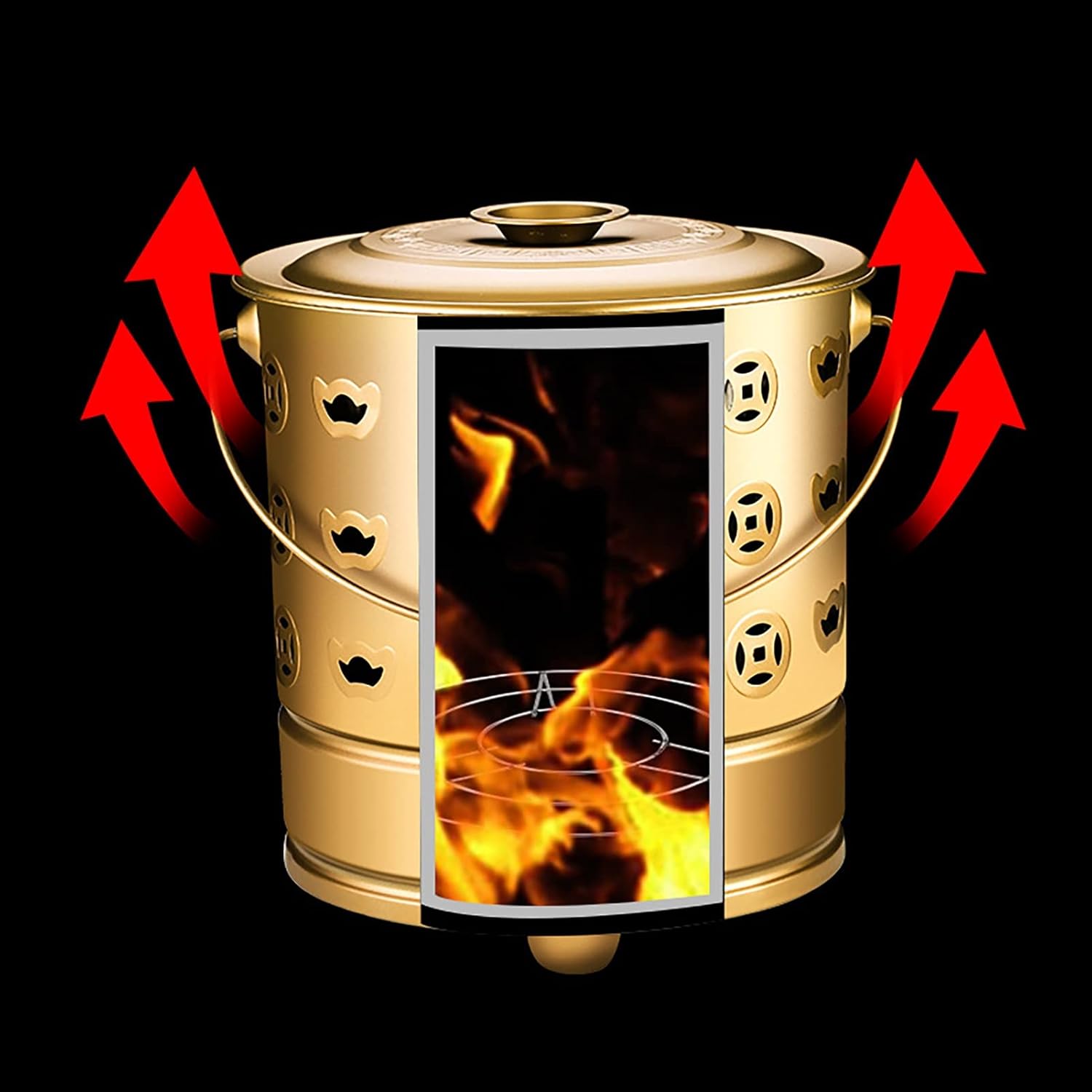 Metal Incinerator Cage with Burning Tongs Fire Pit Bucket Treasure Basin Ash Bucket Joss Paper Bucket with Lid for Yard Garden (Color : Red, Size : 42.5CM)