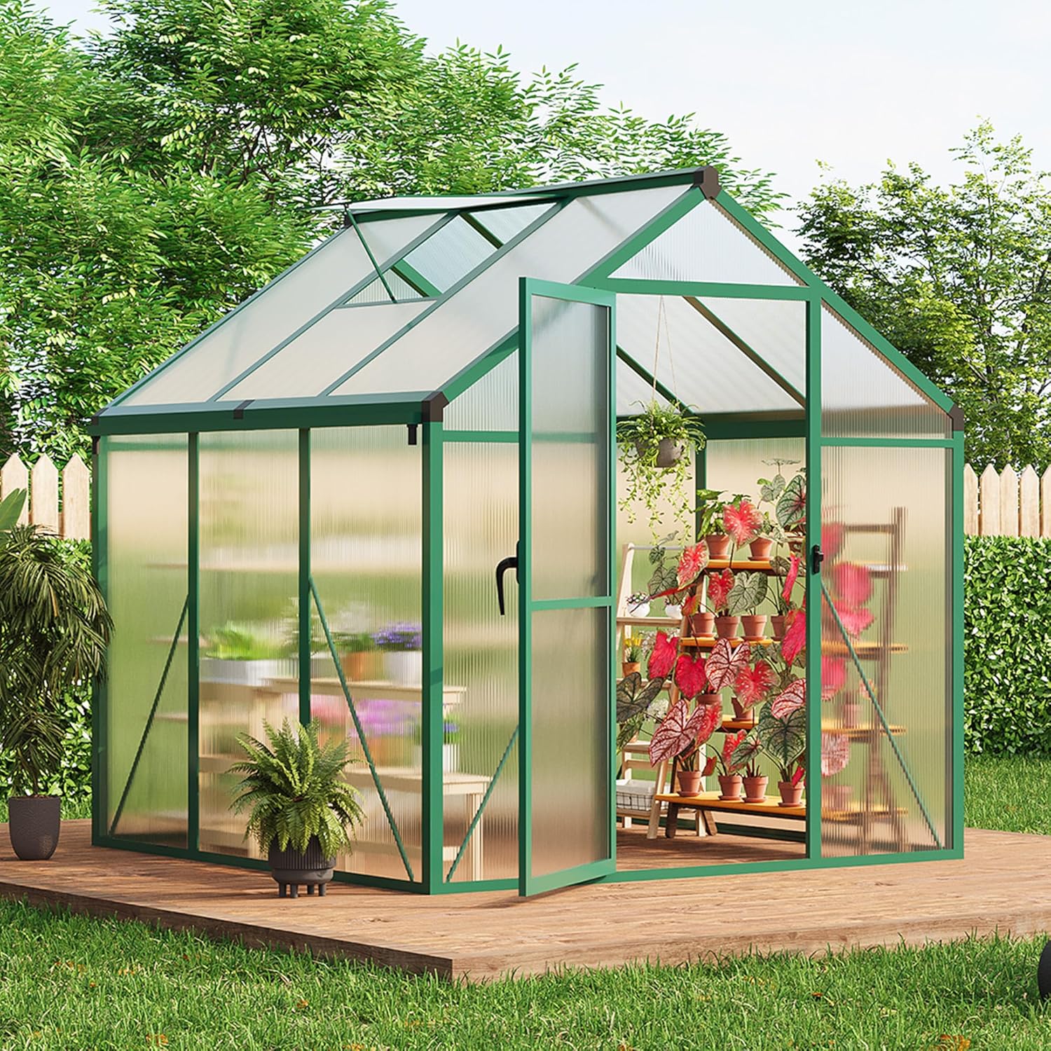 6x6 ft Greenhouse for Outdoors, Polycarbonate Greenhouse with Roof Vent, Ground Nails, Lockable Push Door, Aluminum Large Walk-in Green House for Outside Garden Backyard, Patio, Lawn, Green