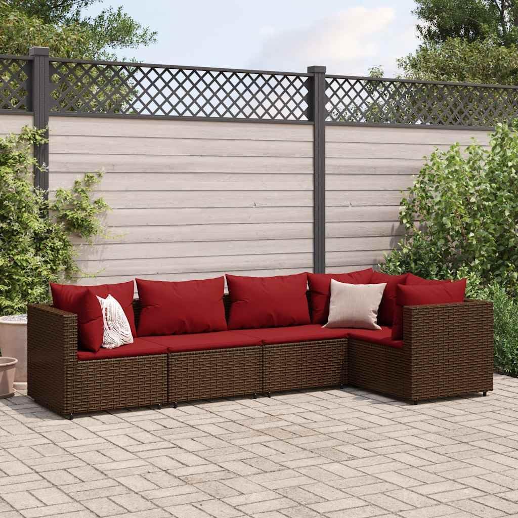 5 Piece Patio Lounge Set with Cushions Brown Poly Rattan Garden Furniture