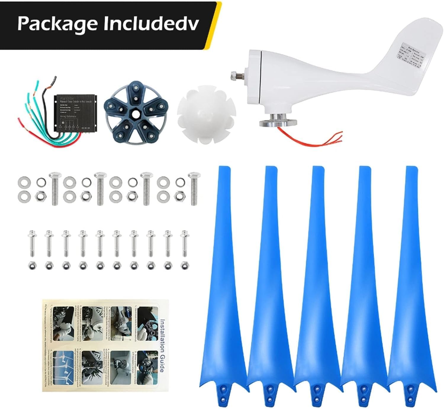 CHRISK 8000W 12V/24V/48V 5 Nylon Fiber Blades Wind Turbine Kit Small Wind Turbine Generator with Controller Windmill Boat RV Home